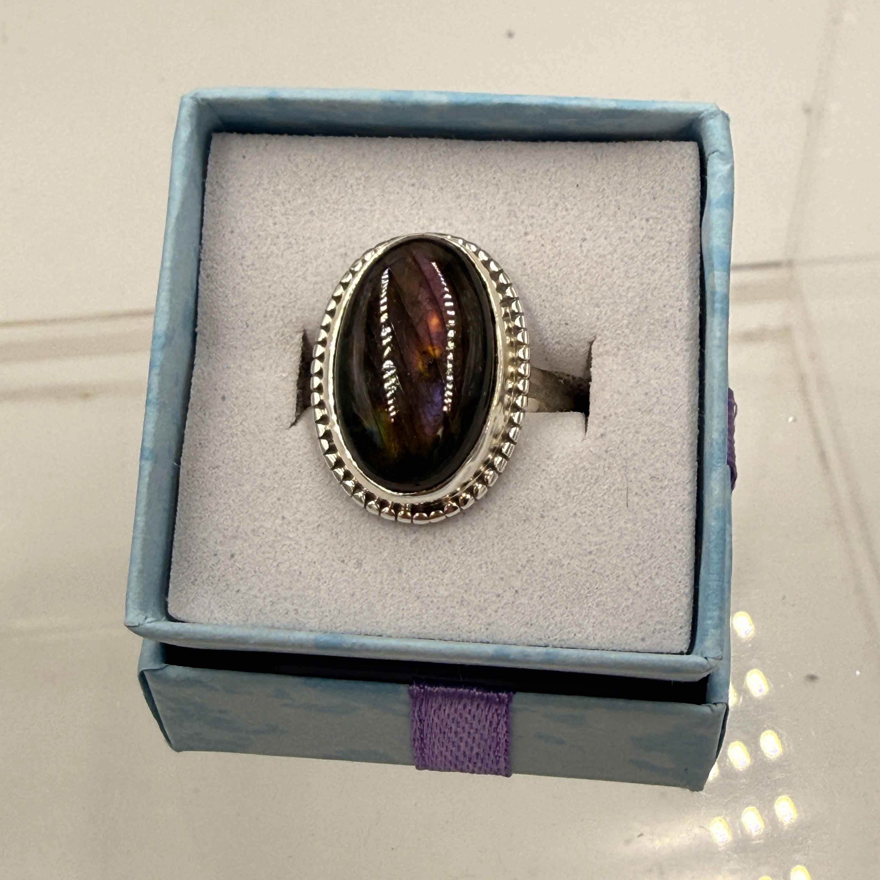 Sterling Silver Bezeled Oval Spectrolite Ring - Size 8 -Intuition, Protection & Illumination | Rings | Wiccan Center