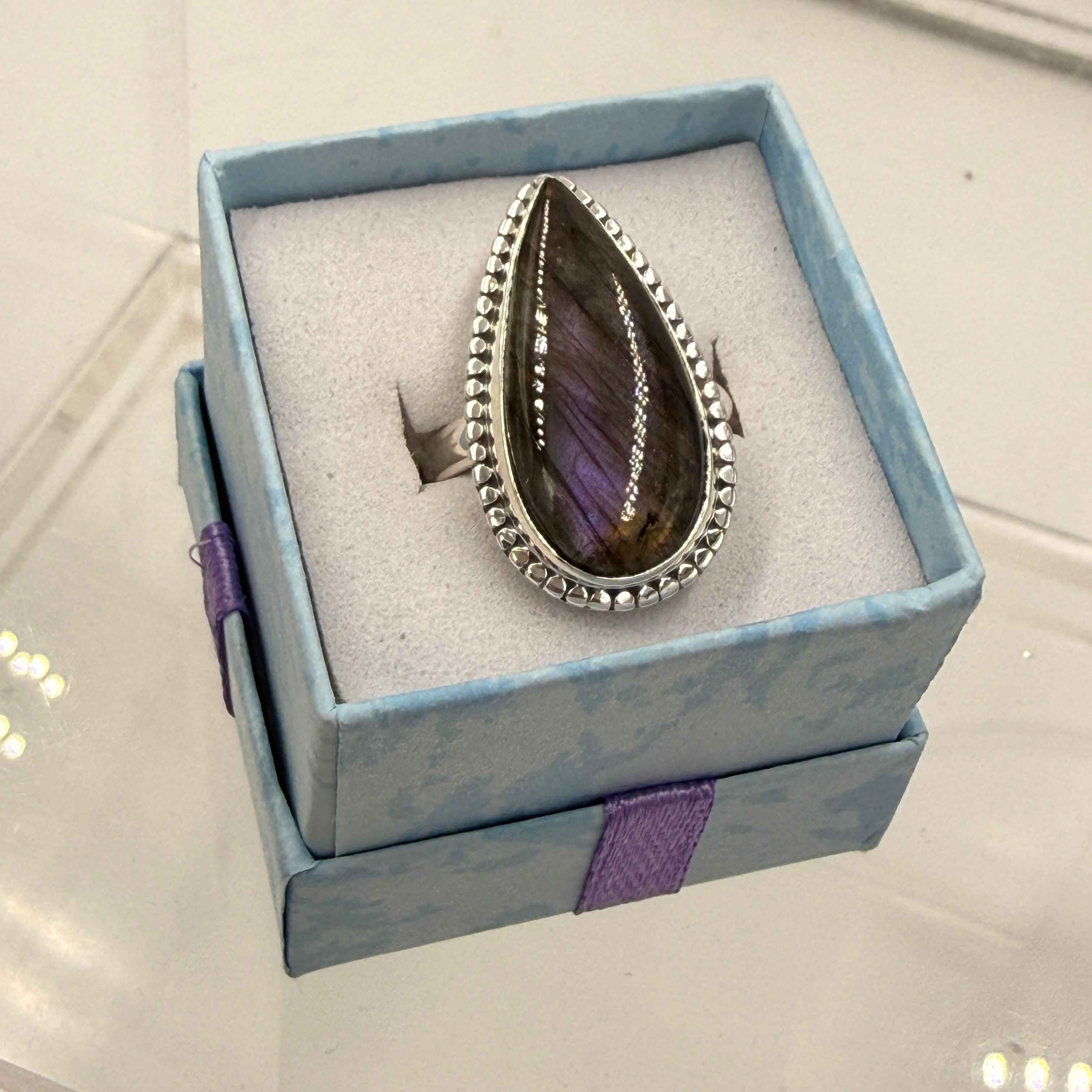 Sterling Silver Bezeled Teardrop Spectrolite Ring - Size 8 -Intuition, Protection & Illumination | Rings | Wiccan Center