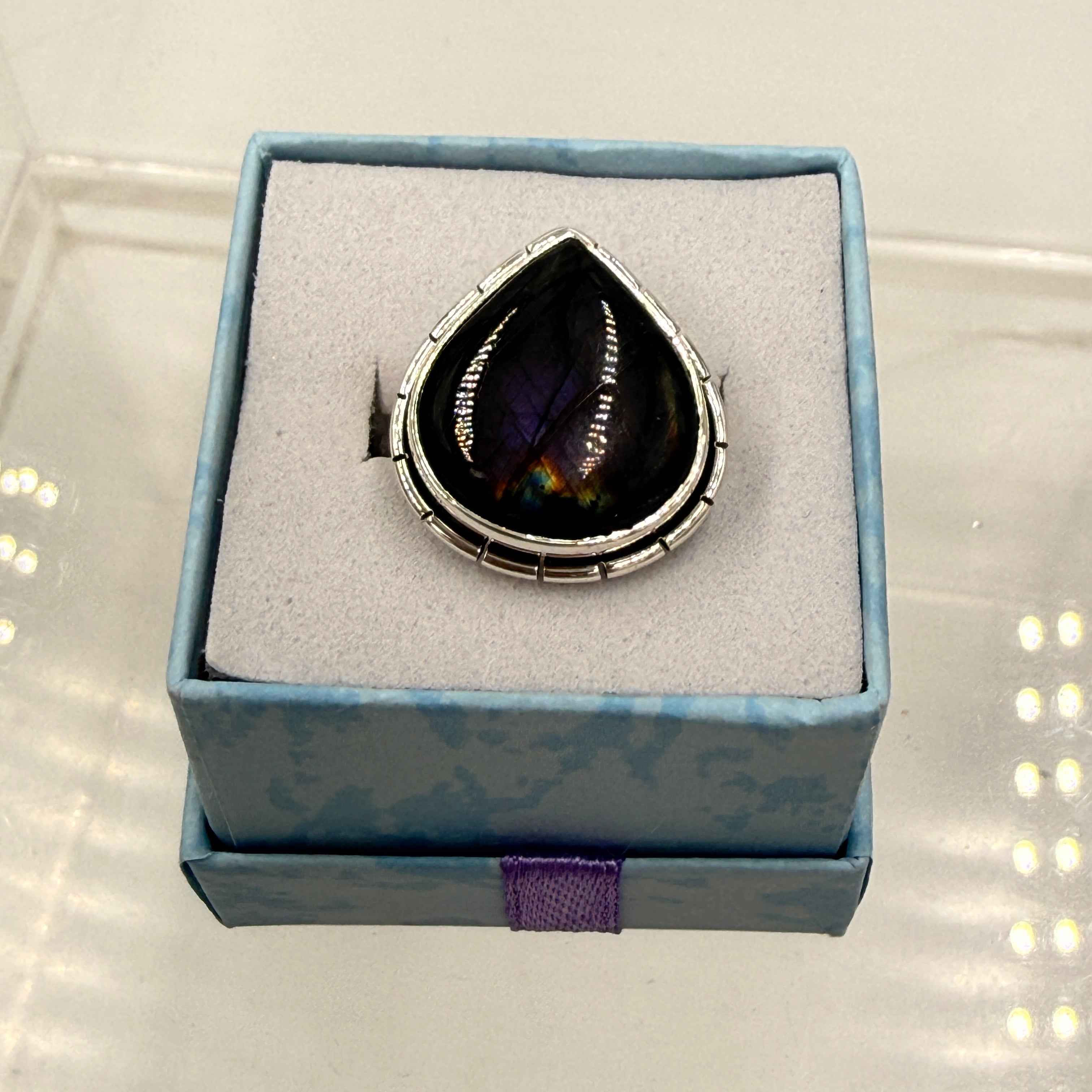 Sterling Silver Lined Teardrop Spectrolite Ring - Size 9 -Intuition, Protection & Illumination | Rings | Wiccan Center