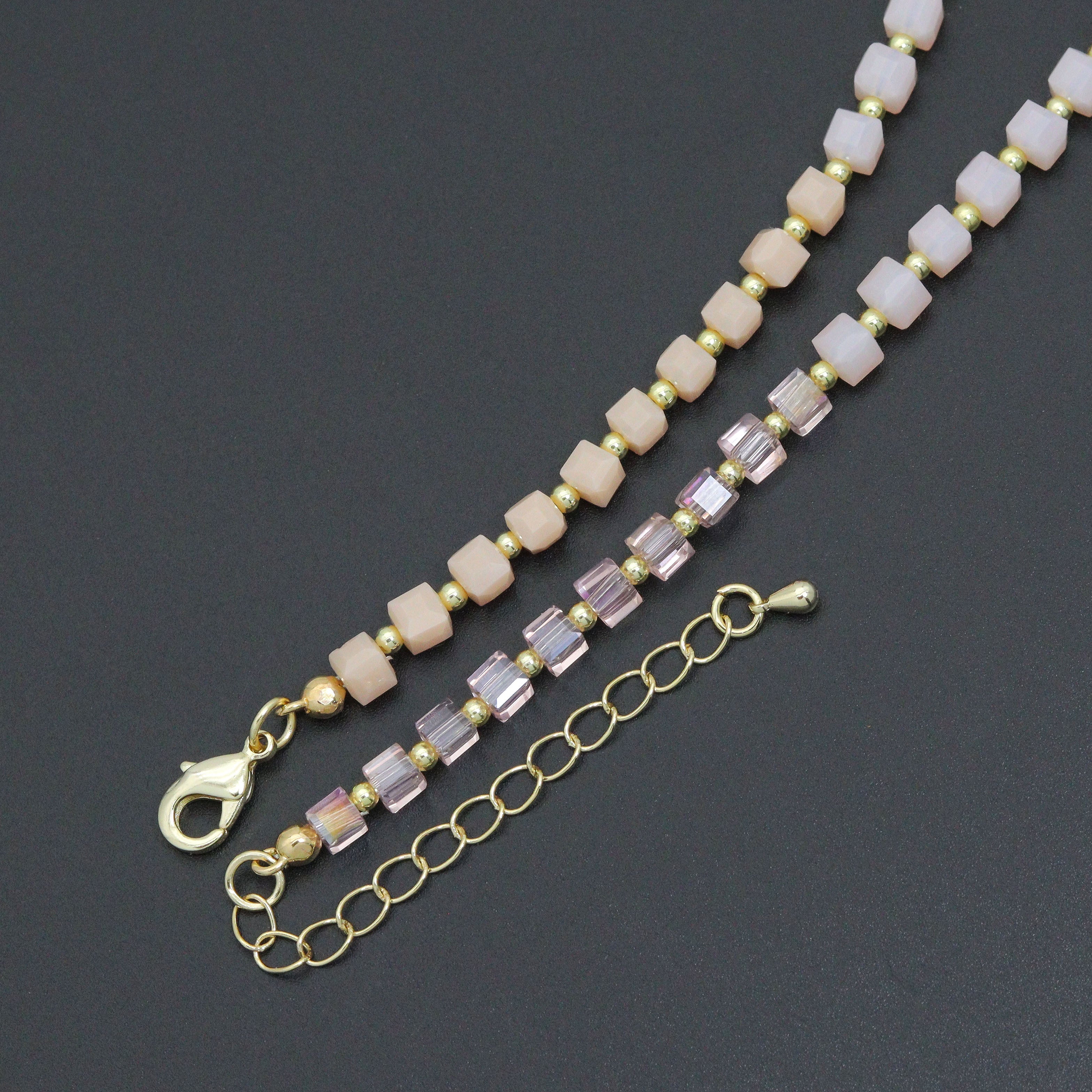 Ombré Pink Champagne color Cube Beads necklace Bracelet, Sku#EF799