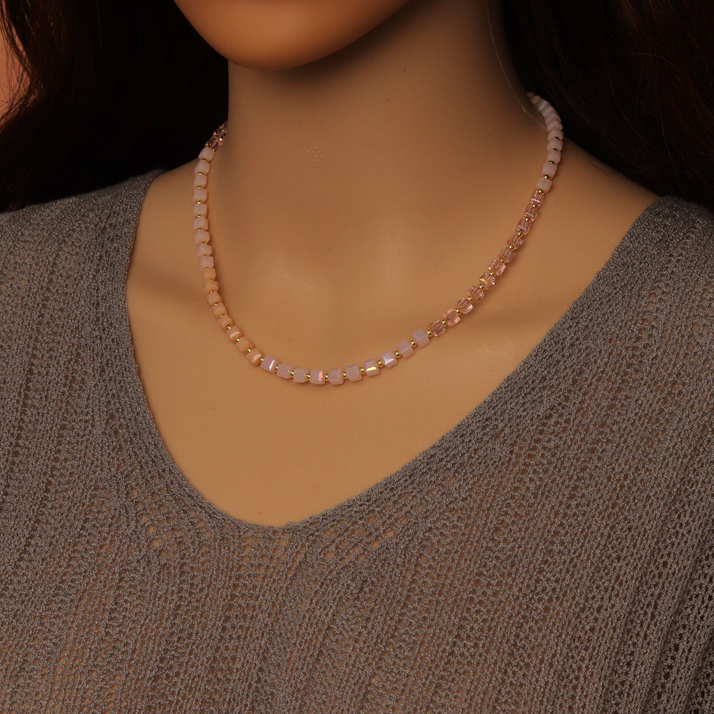 Ombré Pink Champagne color Cube Beads necklace Bracelet, Sku#EF799