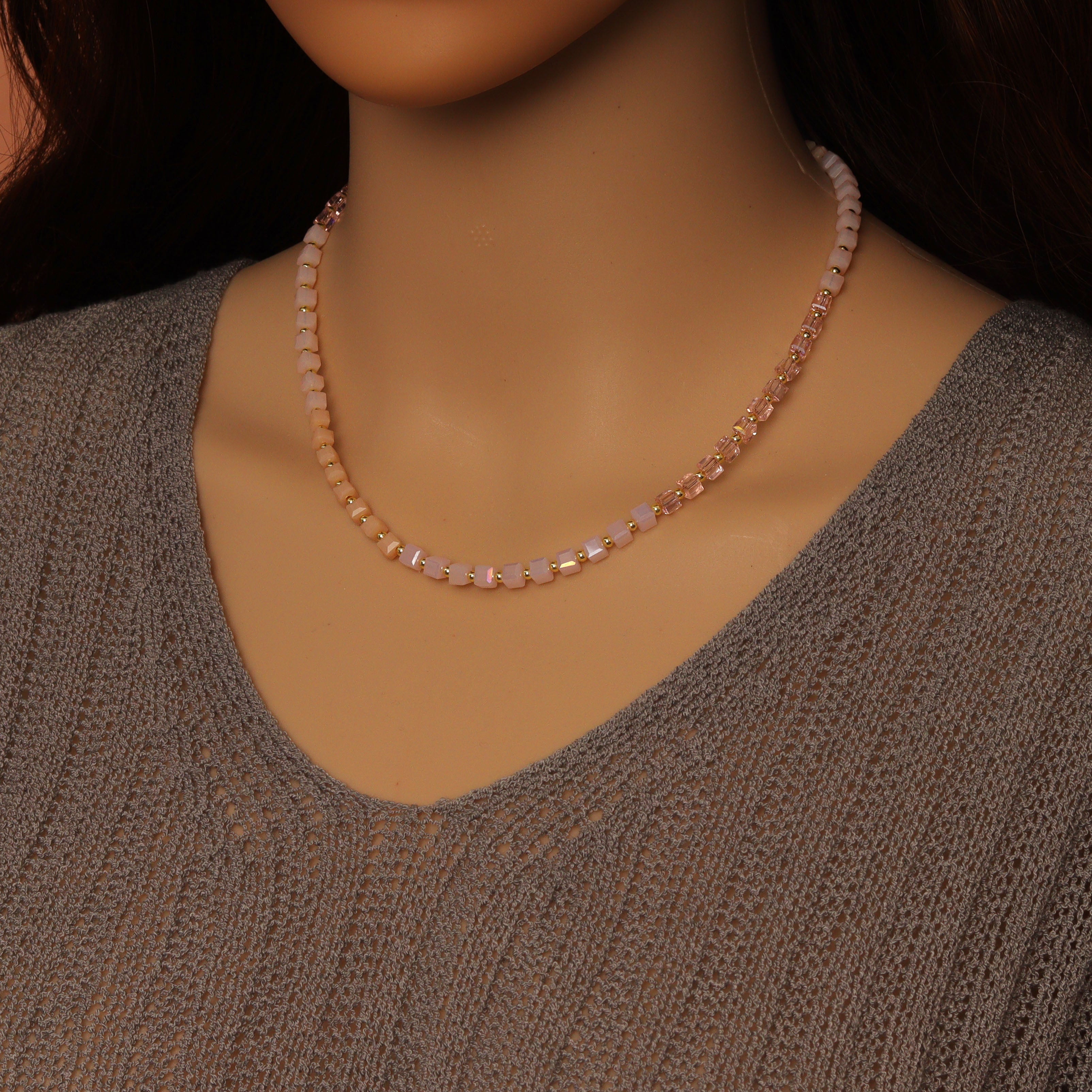 Ombré Pink Champagne color Cube Beads necklace Bracelet, Sku#EF799