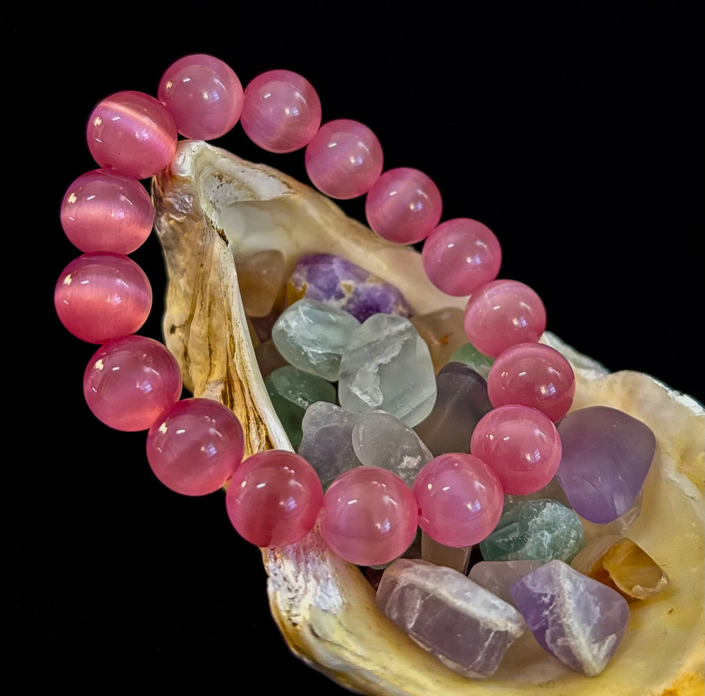 Pink Cat Eye Stone Bracelet (12mm Beads) – Bold Glow Statement Bracelet | | Wiccan Center
