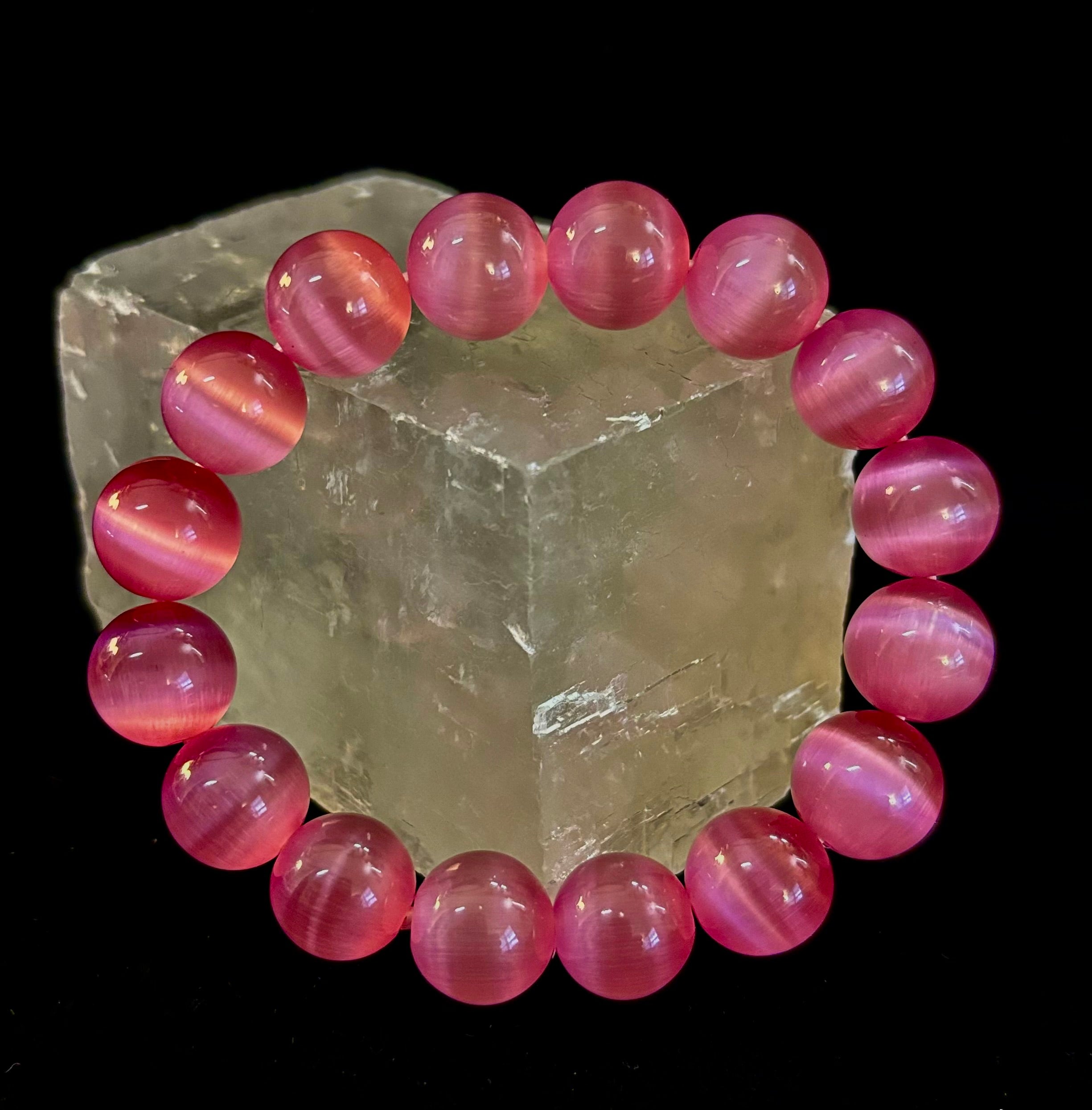 Pink Cat Eye Stone Bracelet (12mm Beads) – Bold Glow Statement Bracelet | | Wiccan Center