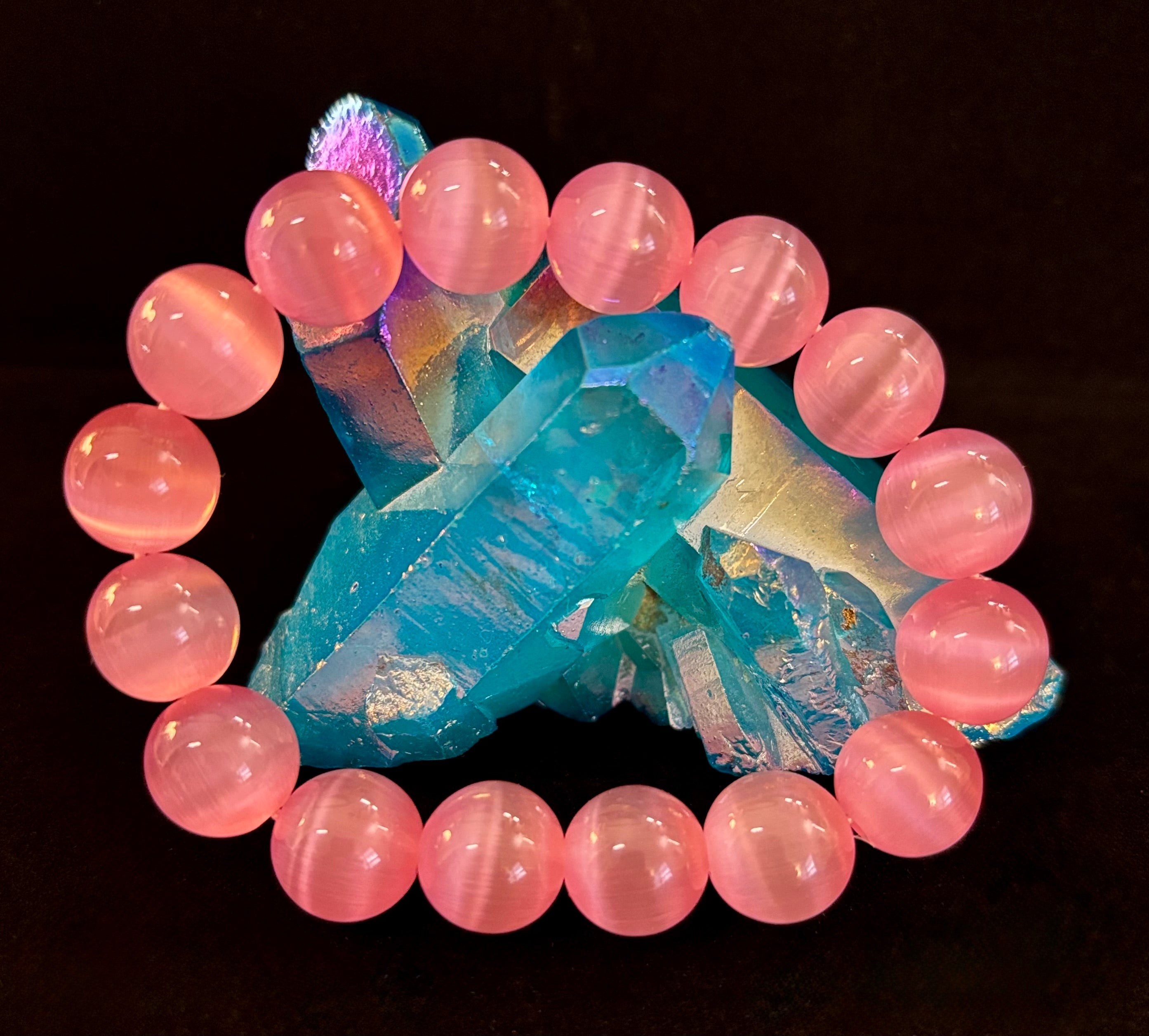 Pink Cat Eye Stone Bracelet (12mm Beads) – Bold Glow Statement Bracelet | | Wiccan Center