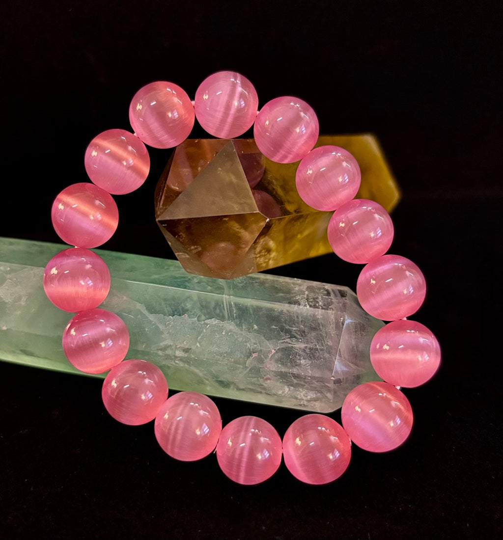Pink Cat Eye Stone Bracelet (12mm Beads) – Bold Glow Statement Bracelet | | Wiccan Center