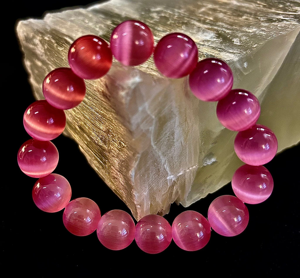 Pink Cat Eye Stone Bracelet (12mm Beads) – Bold Glow Statement Bracelet | | Wiccan Center