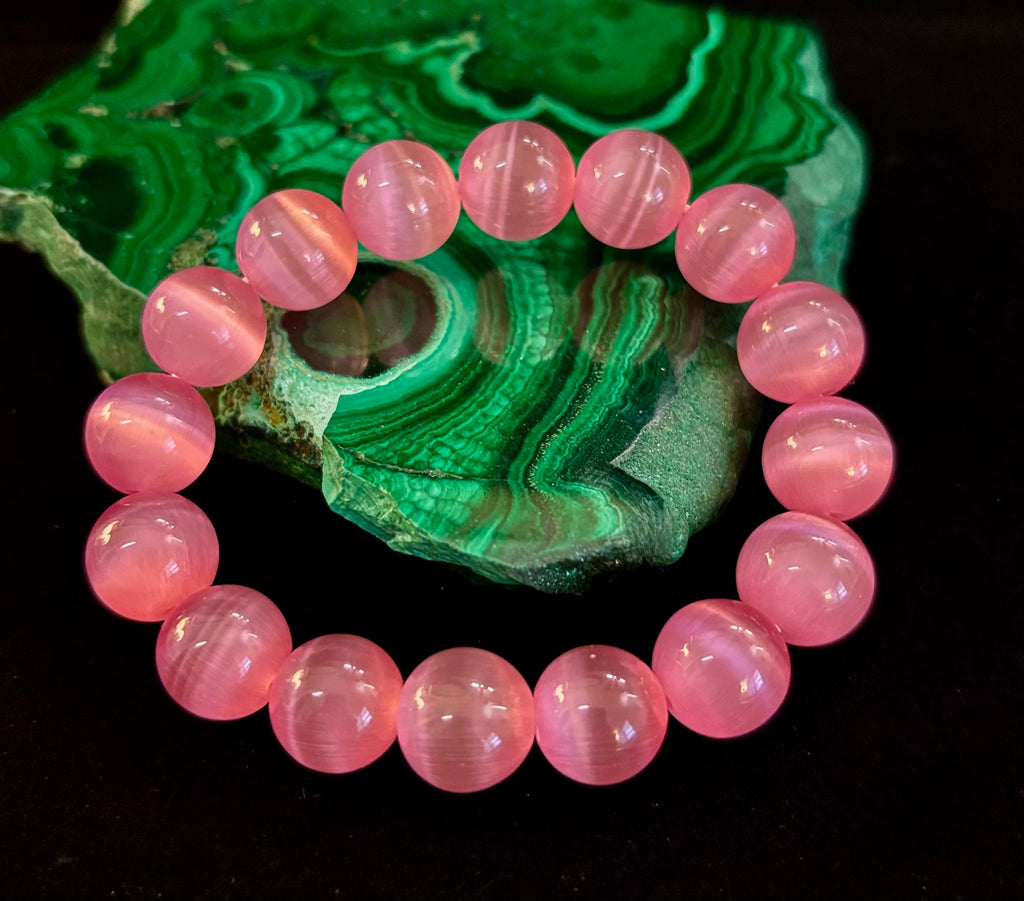 Pink Cat Eye Stone Bracelet (12mm Beads) – Bold Glow Statement Bracelet | | Wiccan Center