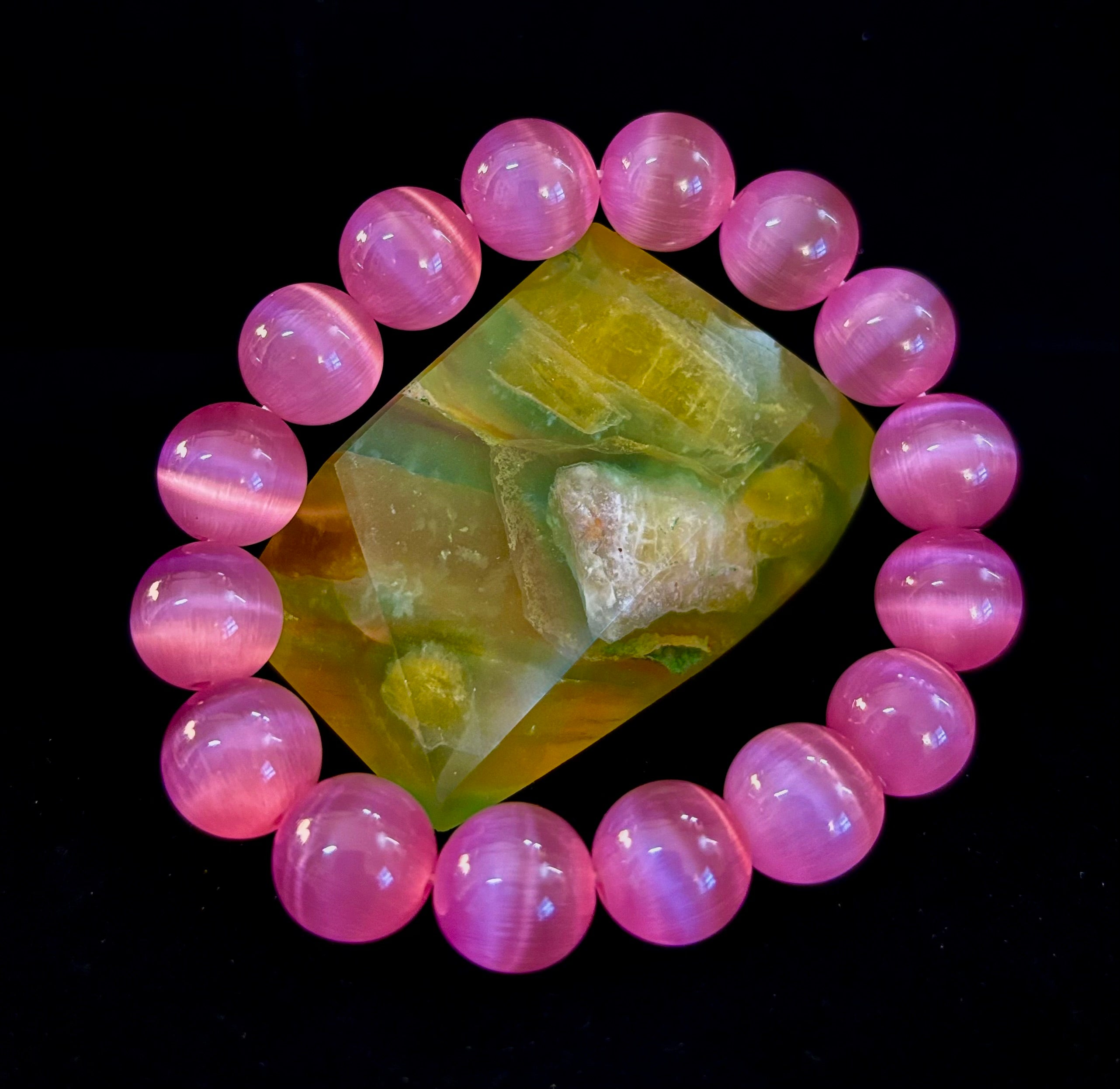 Pink Cat Eye Stone Bracelet (12mm Beads) – Bold Glow Statement Bracelet | | Wiccan Center
