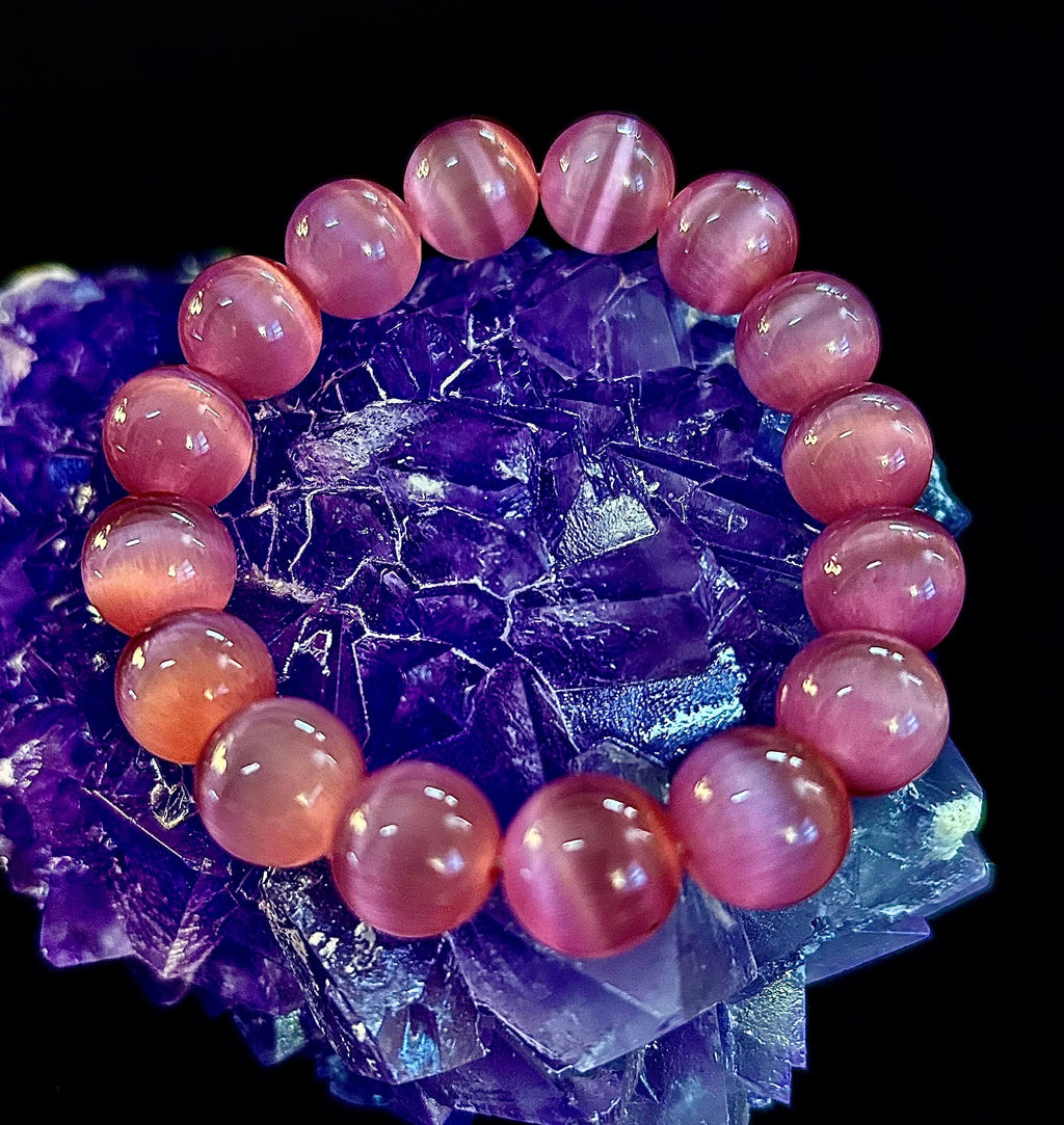 Pink Cat Eye Stone Bracelet (12mm Beads) – Bold Glow Statement Bracelet | | Wiccan Center