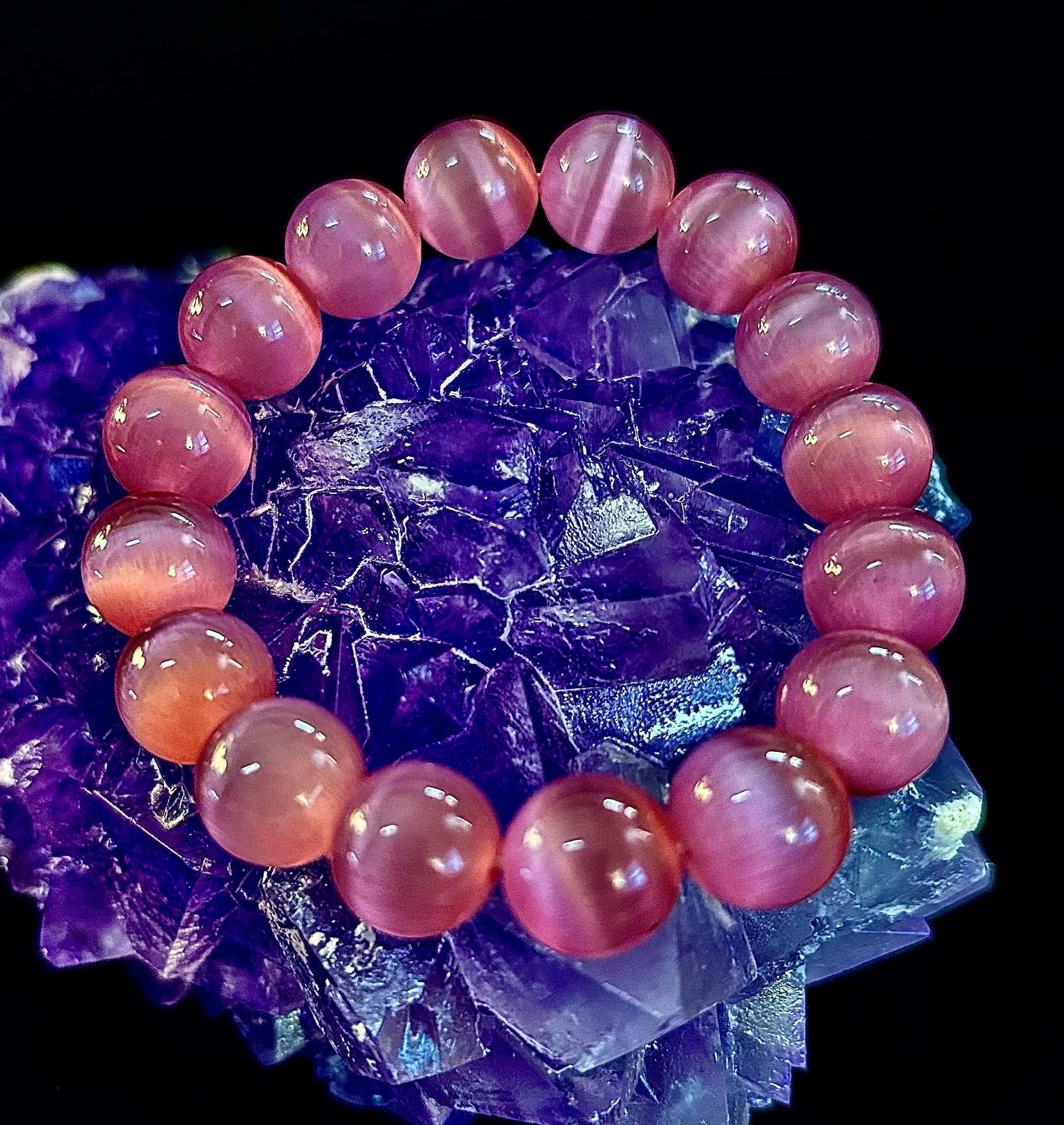 Pink Cat Eye Stone Bracelet (12mm Beads) – Bold Glow Statement Bracelet | | Wiccan Center