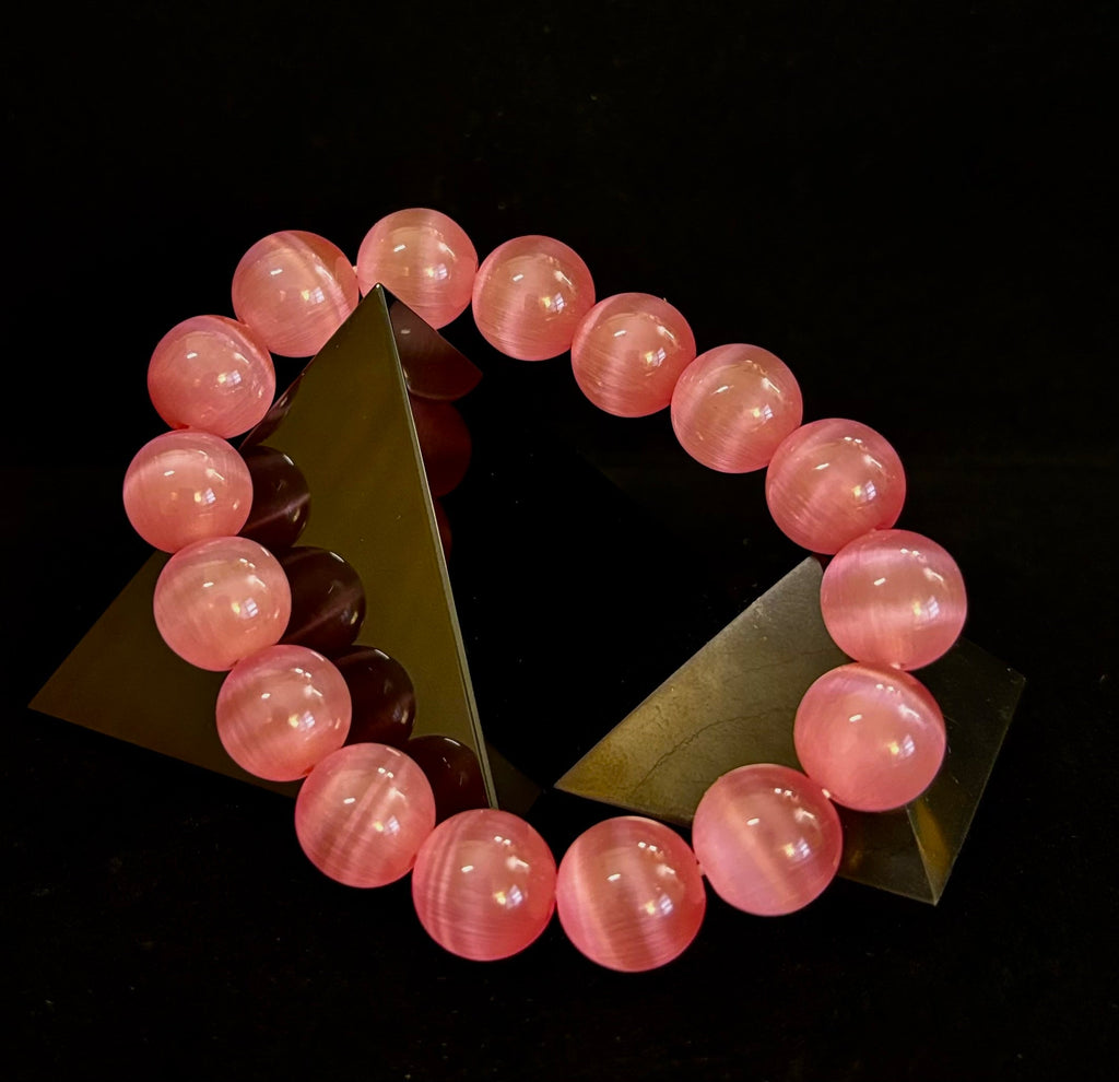 Pink Cat Eye Stone Bracelet (12mm Beads) – Bold Glow Statement Bracelet | | Wiccan Center