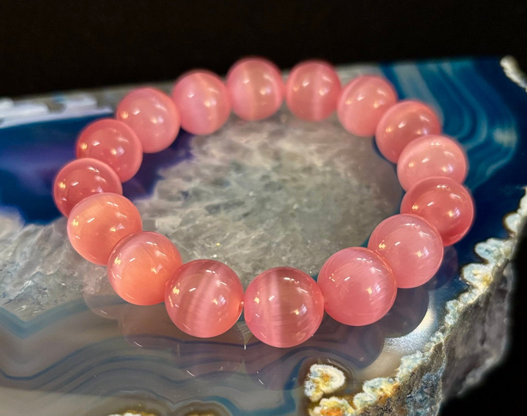 Pink Cat Eye Stone Bracelet (12mm Beads) – Bold Glow Statement Bracelet | | Wiccan Center