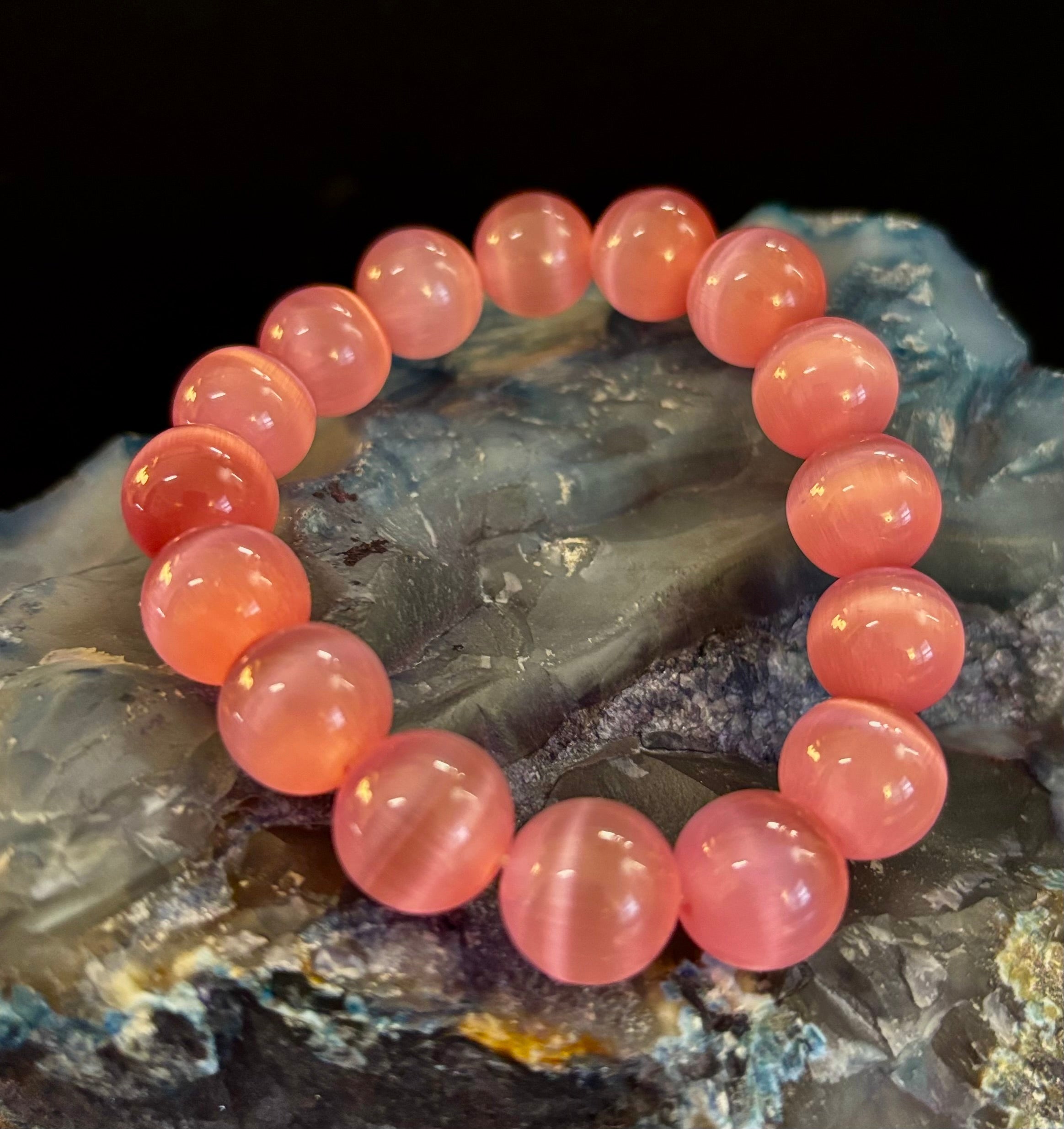 Pink Cat Eye Stone Bracelet (12mm Beads) – Bold Glow Statement Bracelet | | Wiccan Center