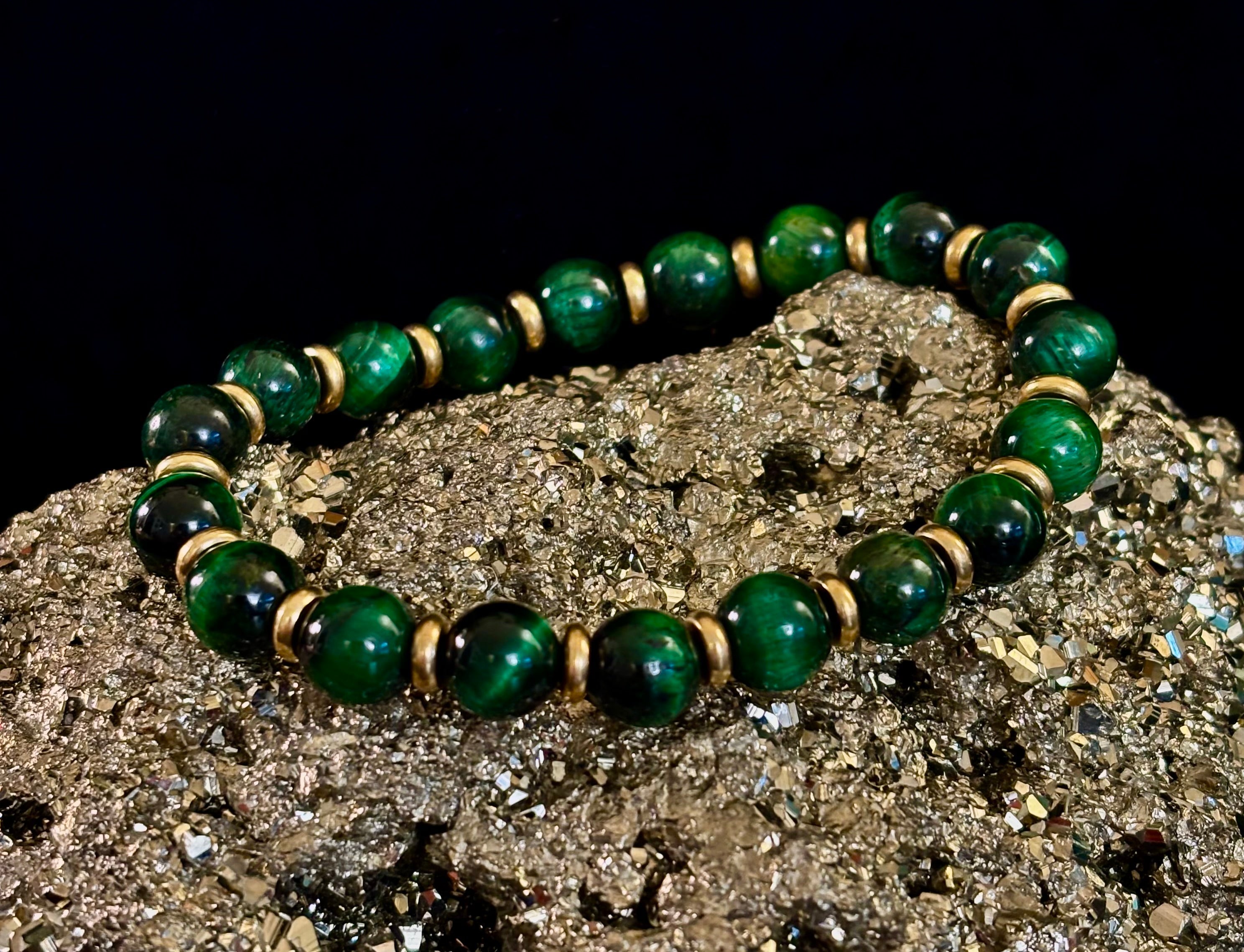 Green Tiger Eye Wealth & Confidence Bracelet – 8mm Beads with Gold Accents (Medium Wrists) | | Wiccan Center