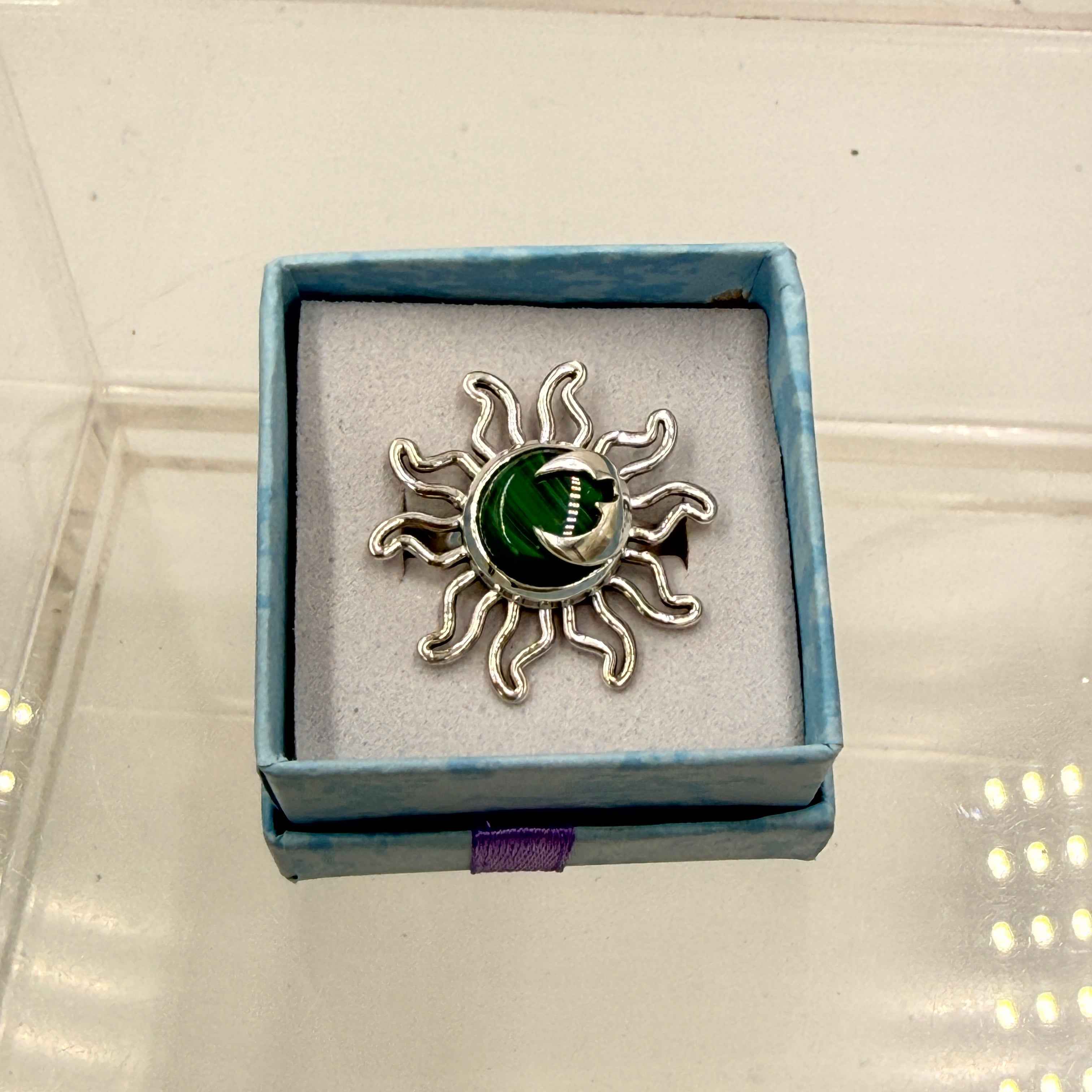 Sterling Silver Sun & Moon Malachite Ring - Size 8 - Transformative, Protective & Empowering | Rings | Wiccan Center