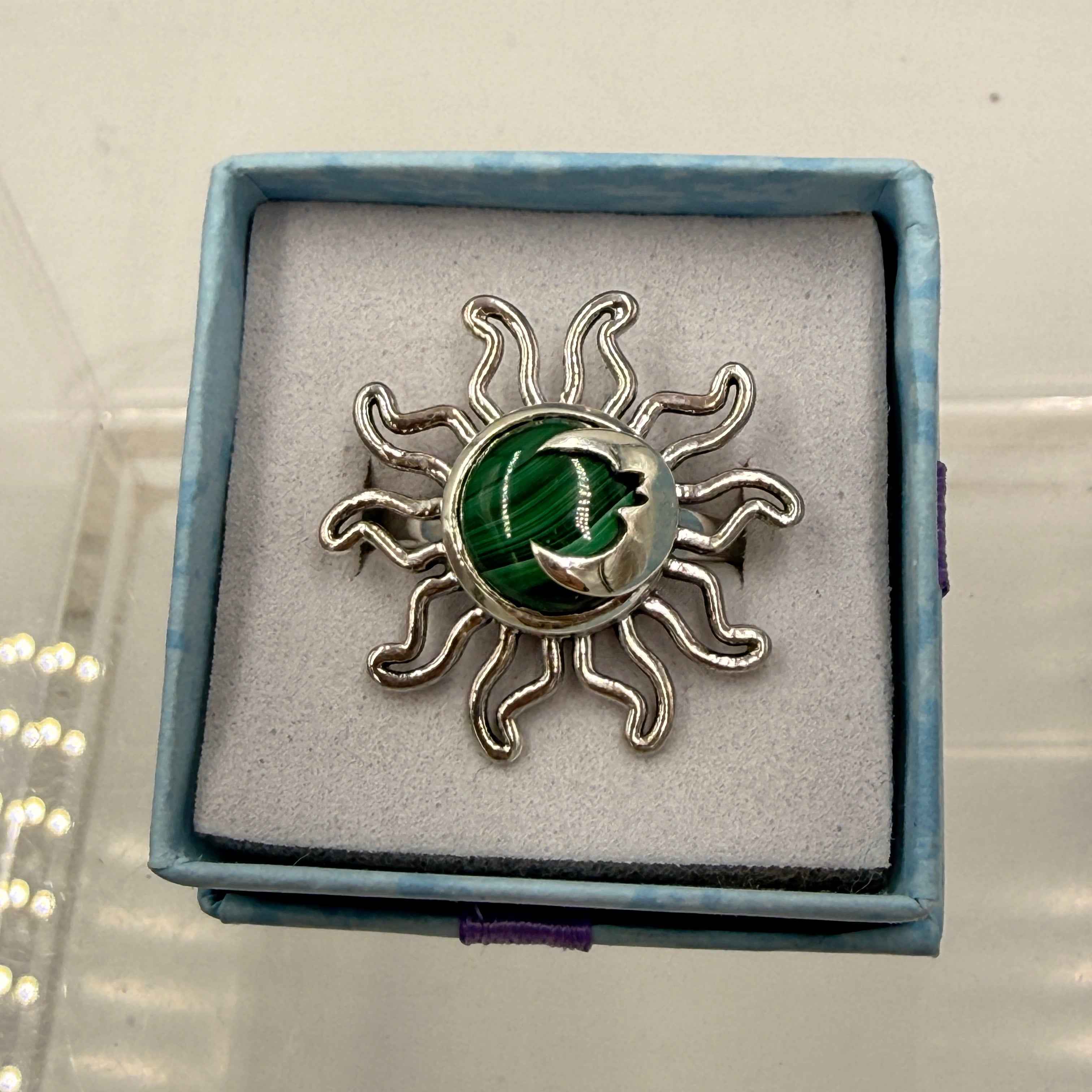 Sterling Silver Sun & Moon Malachite Ring - Size 9 -Transformative, Protective & Empowering | Rings | Wiccan Center