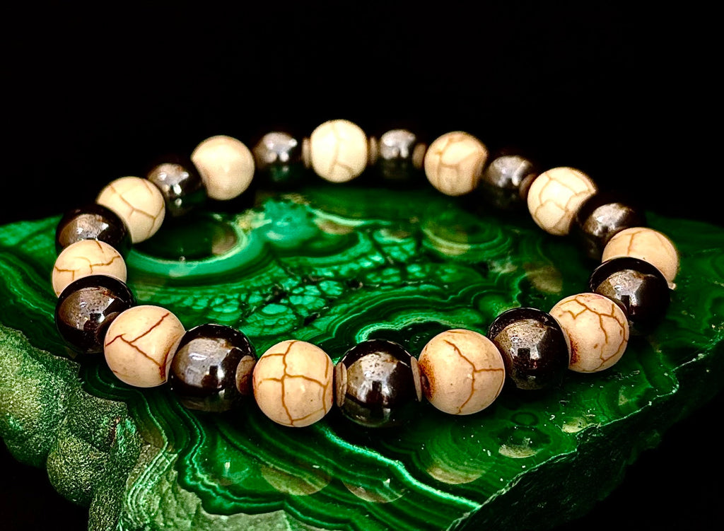 Black and White - Hematite and Veined White Stones - 8"-8.5" - Large and XL Wrists | | Wiccan Center