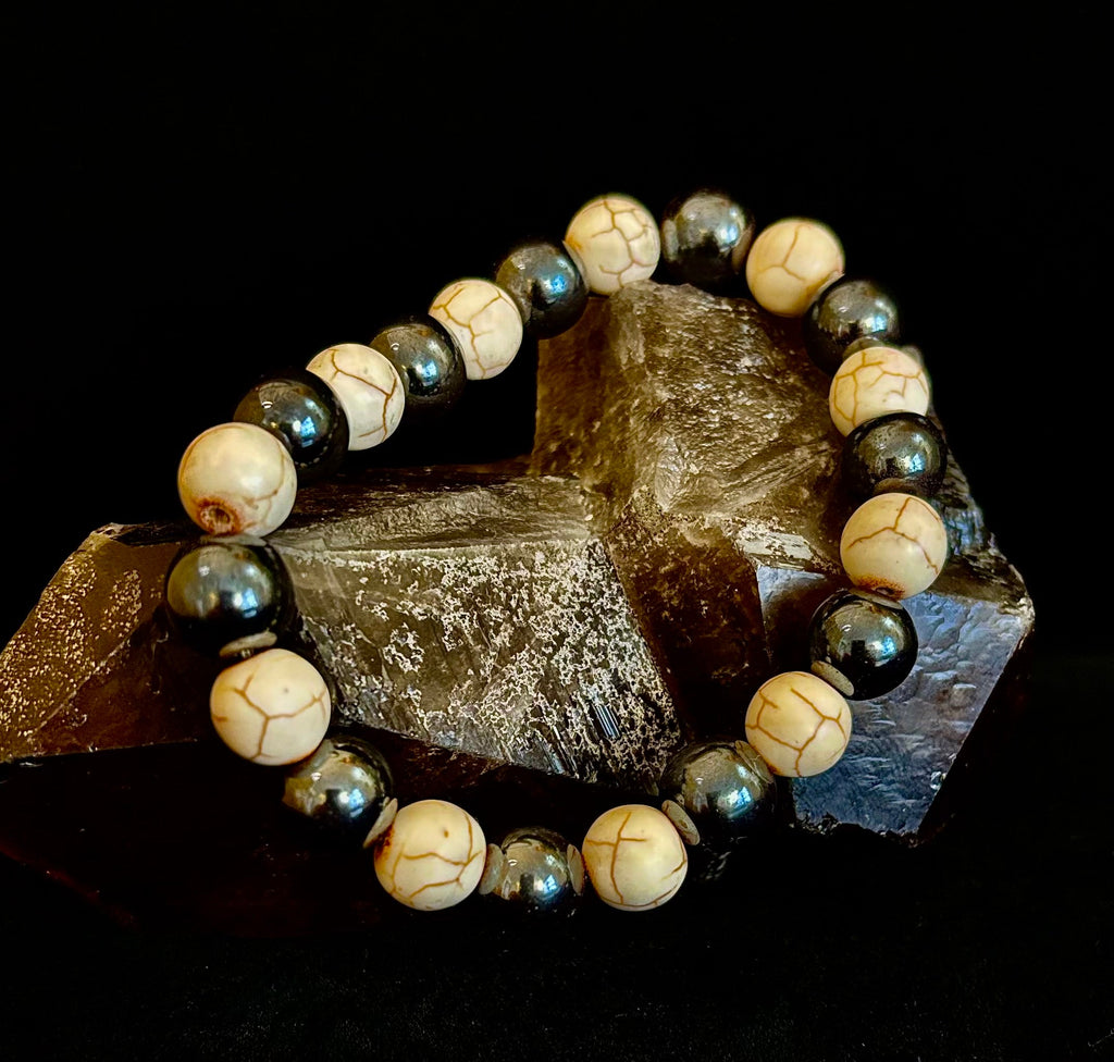 Black and White - Hematite and Veined White Stones - 8"-8.5" - Large and XL Wrists | | Wiccan Center