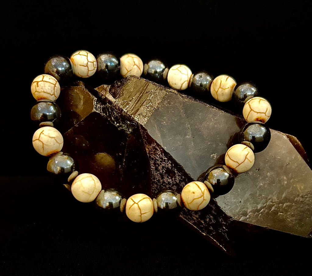 Black and White - Hematite and Veined White Stones - 8"-8.5" - Large and XL Wrists | | Wiccan Center