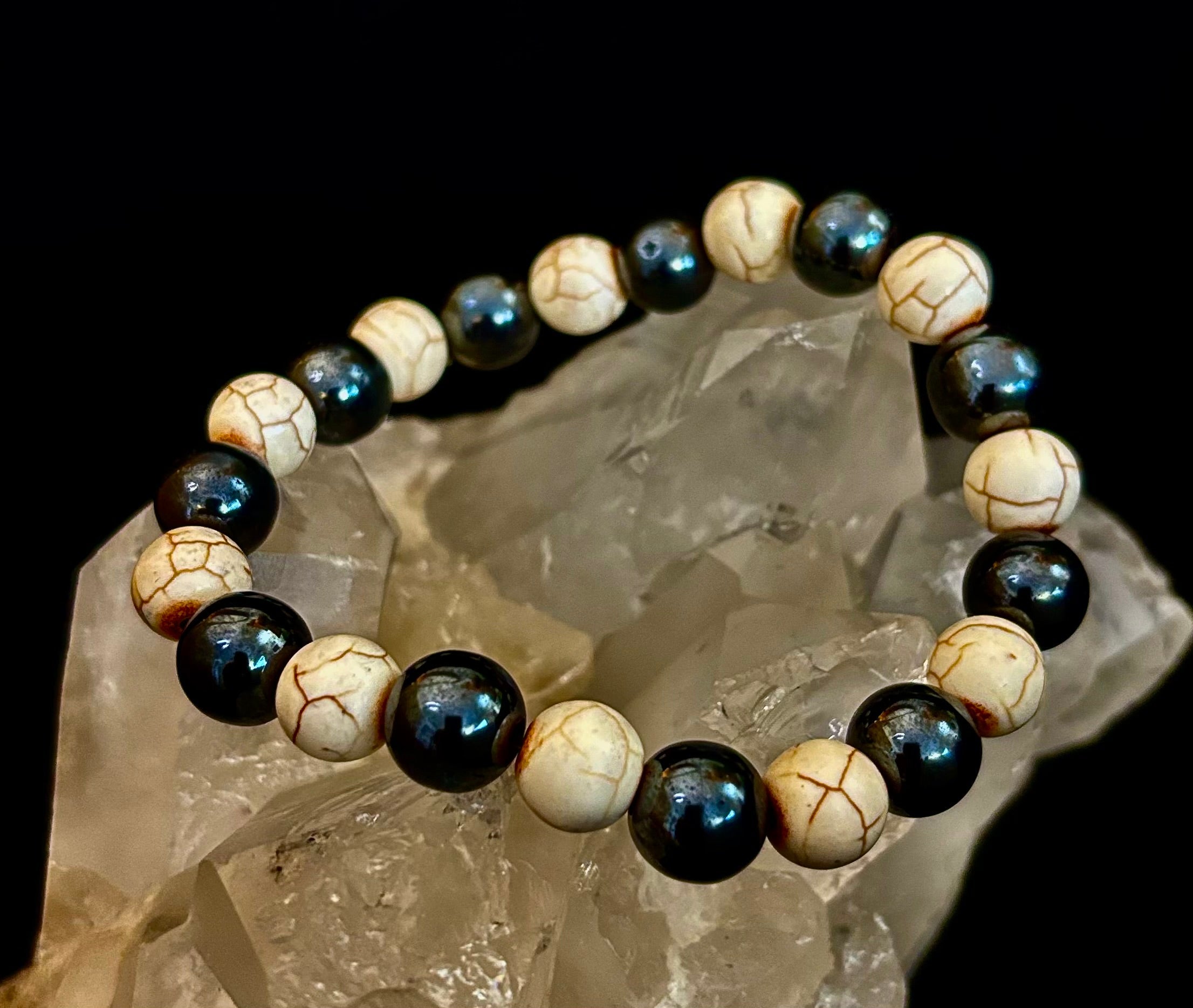 Black and White - Hematite and Veined White Stones - 8"-8.5" - Large and XL Wrists | | Wiccan Center