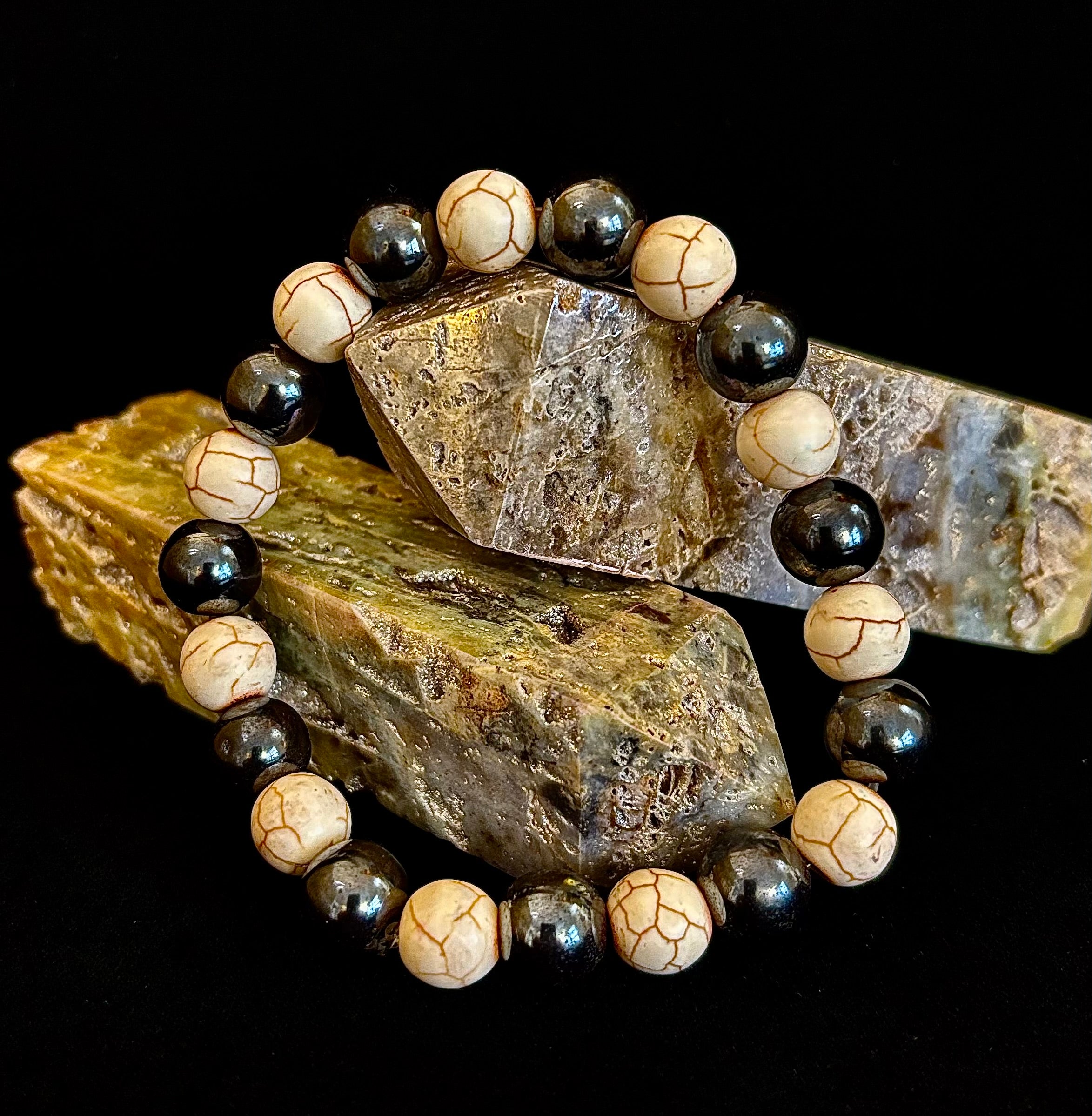 Black and White - Hematite and Veined White Stones - 8"-8.5" - Large and XL Wrists | | Wiccan Center