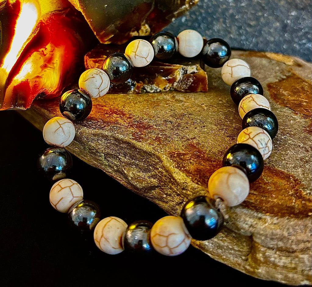 Black and White - Hematite and Veined White Stones - 8"-8.5" - Large and XL Wrists | | Wiccan Center