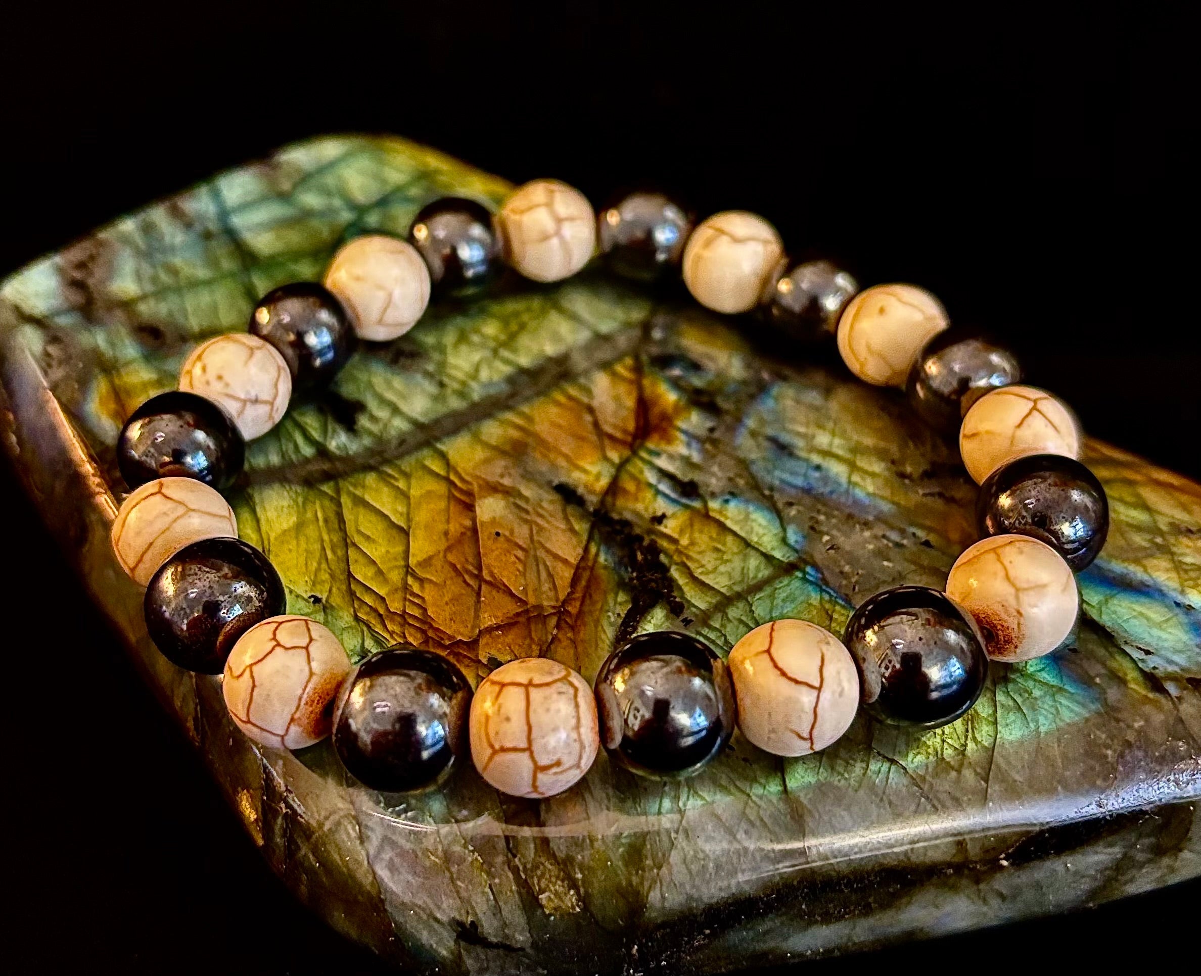 Black and White - Hematite and Veined White Stones - 8"-8.5" - Large and XL Wrists | | Wiccan Center