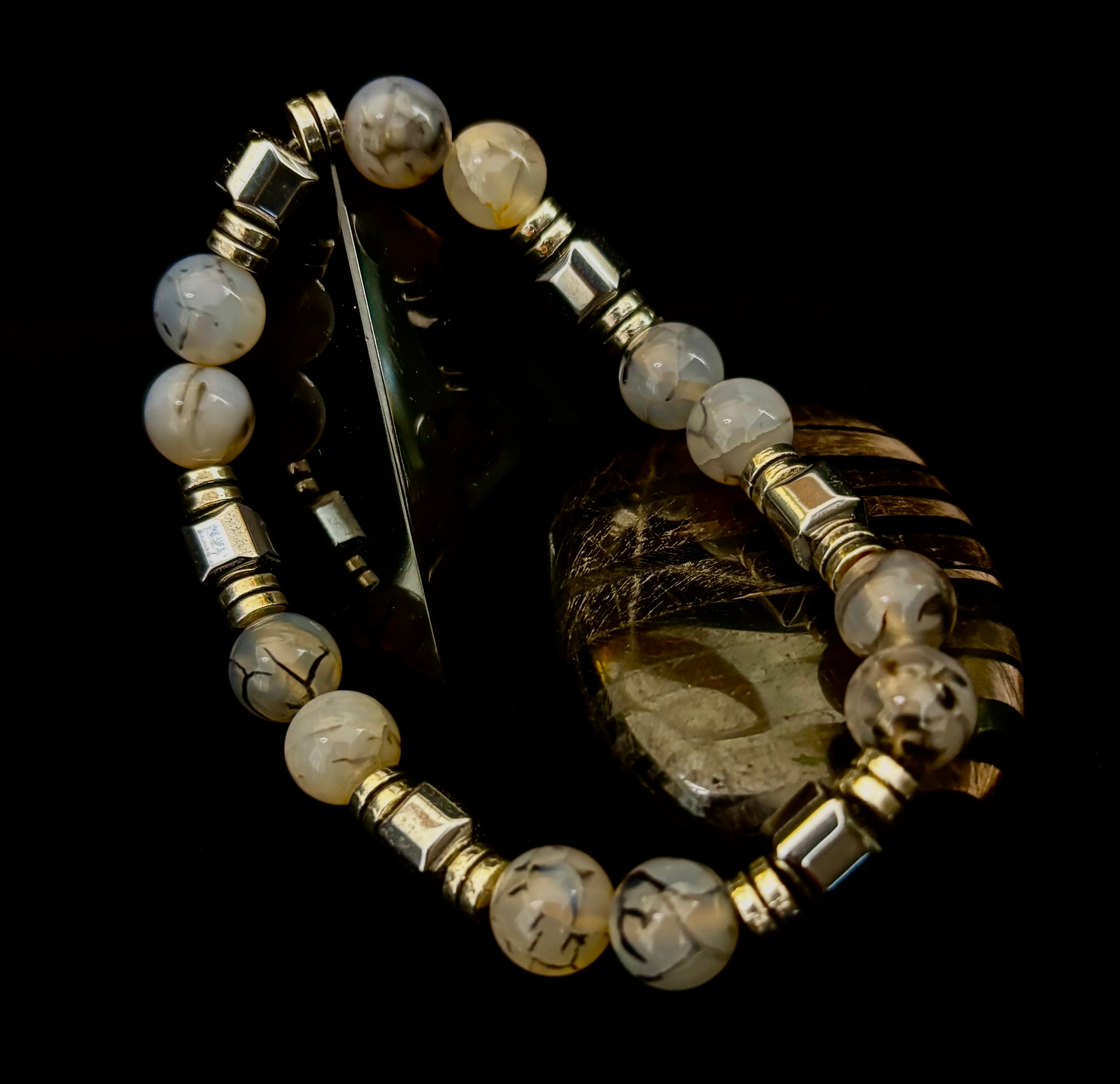 Dragon Vein Agate with Silver Spacers - 8"-8.5" - Large and XL Wrists | | Wiccan Center