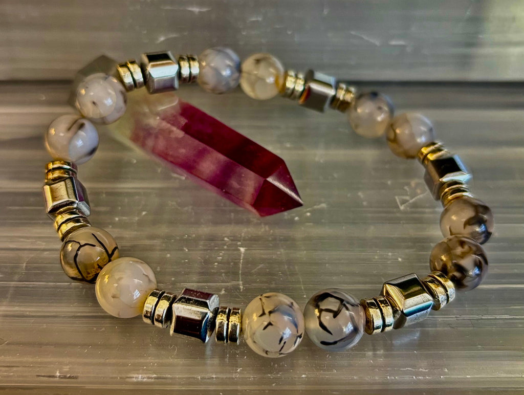 Dragon Vein Agate with Silver Spacers - 8"-8.5" - Large and XL Wrists | | Wiccan Center