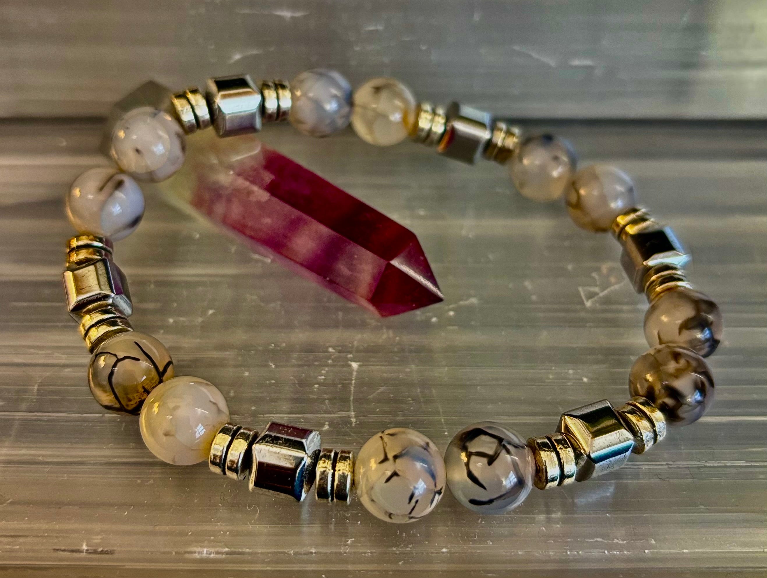 Dragon Vein Agate with Silver Spacers - 8"-8.5" - Large and XL Wrists | | Wiccan Center