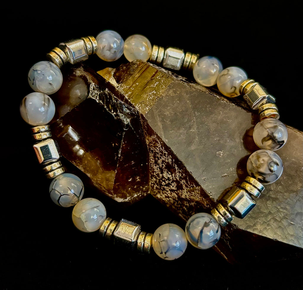 Dragon Vein Agate with Silver Spacers - 8"-8.5" - Large and XL Wrists | | Wiccan Center