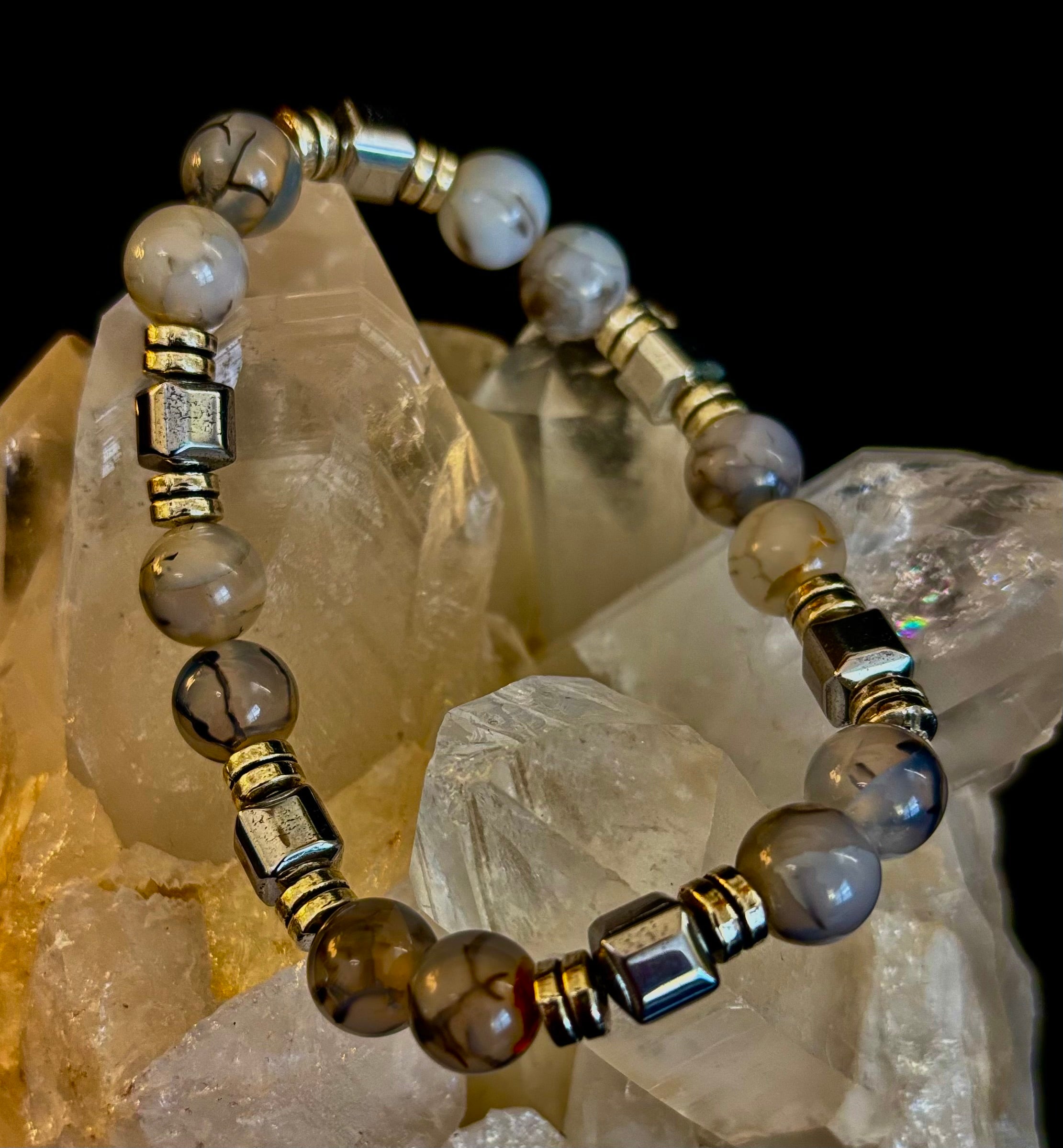 Dragon Vein Agate with Silver Spacers - 8"-8.5" - Large and XL Wrists | | Wiccan Center
