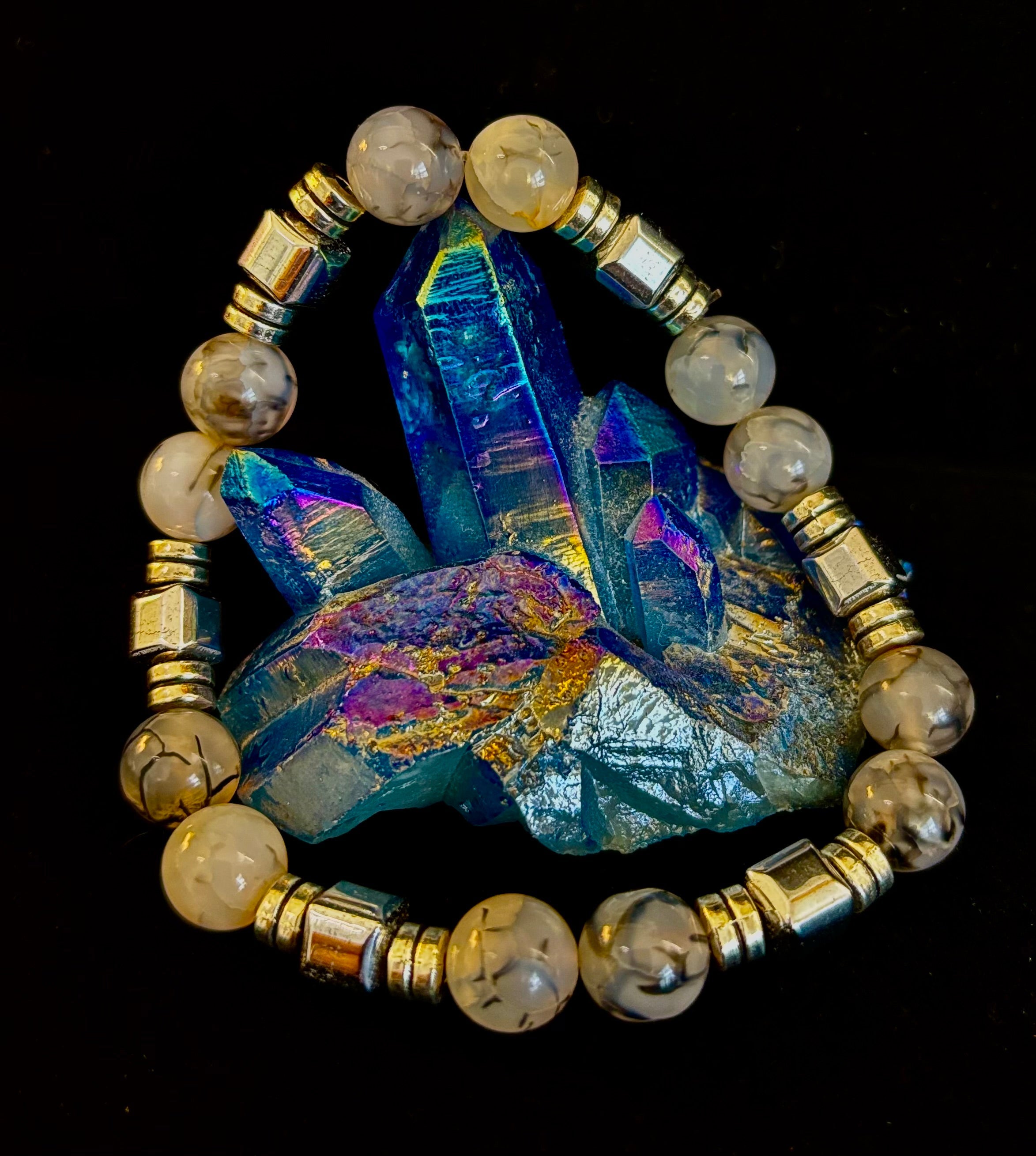 Dragon Vein Agate with Silver Spacers - 8"-8.5" - Large and XL Wrists | | Wiccan Center
