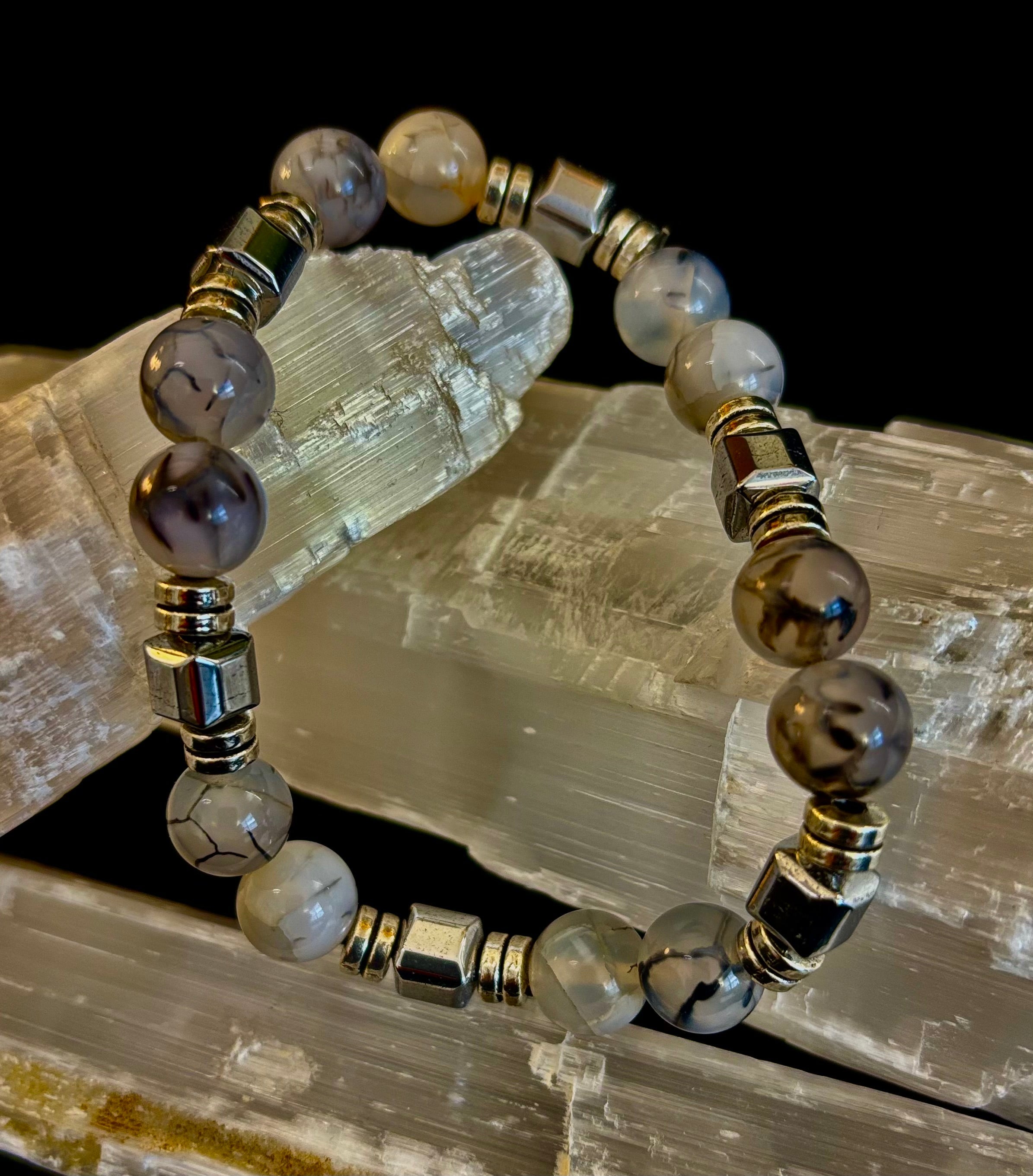 Dragon Vein Agate with Silver Spacers - 8"-8.5" - Large and XL Wrists | | Wiccan Center