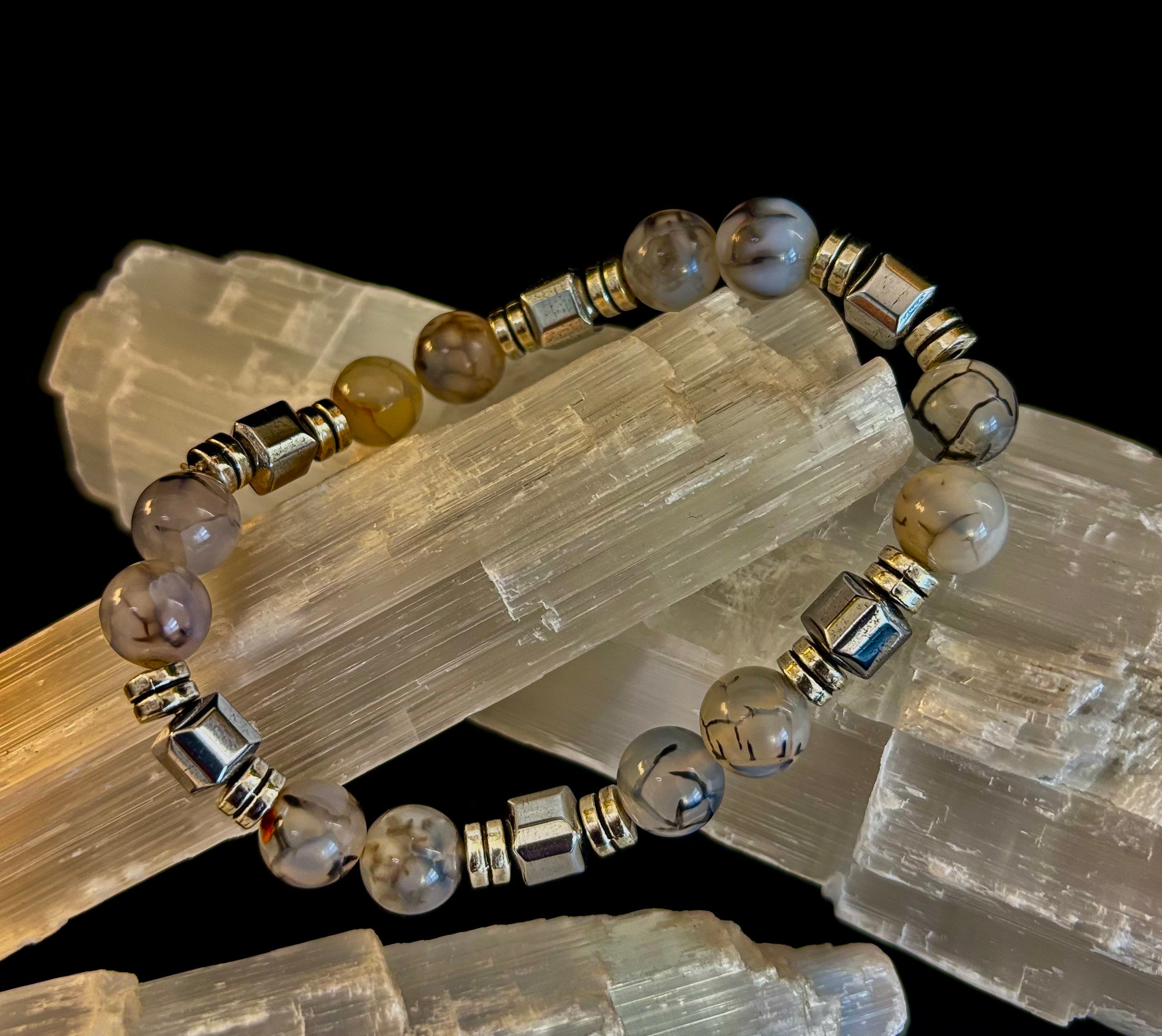 Dragon Vein Agate with Silver Spacers - 8"-8.5" - Large and XL Wrists | | Wiccan Center