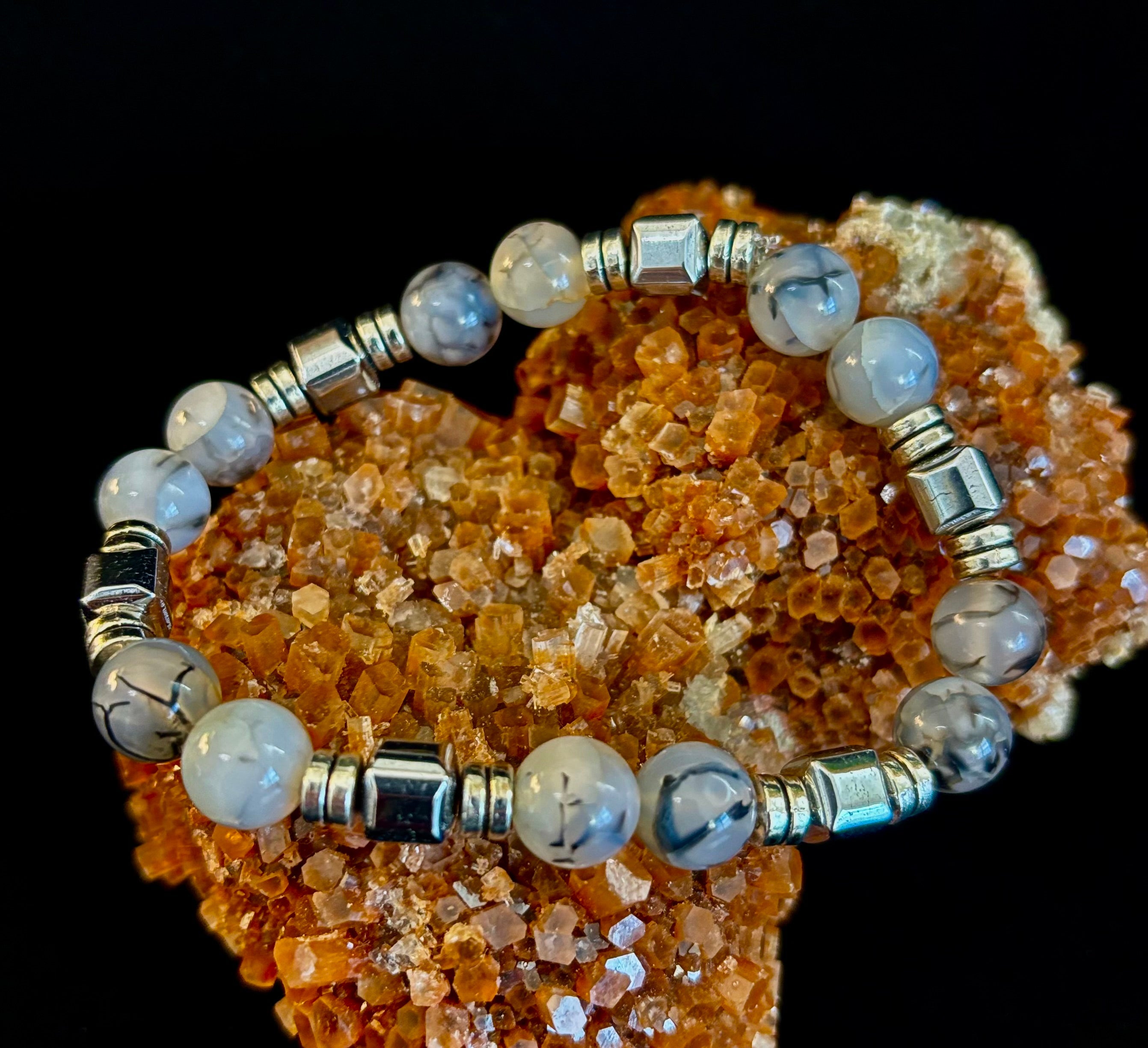 Dragon Vein Agate with Silver Spacers - 8"-8.5" - Large and XL Wrists | | Wiccan Center