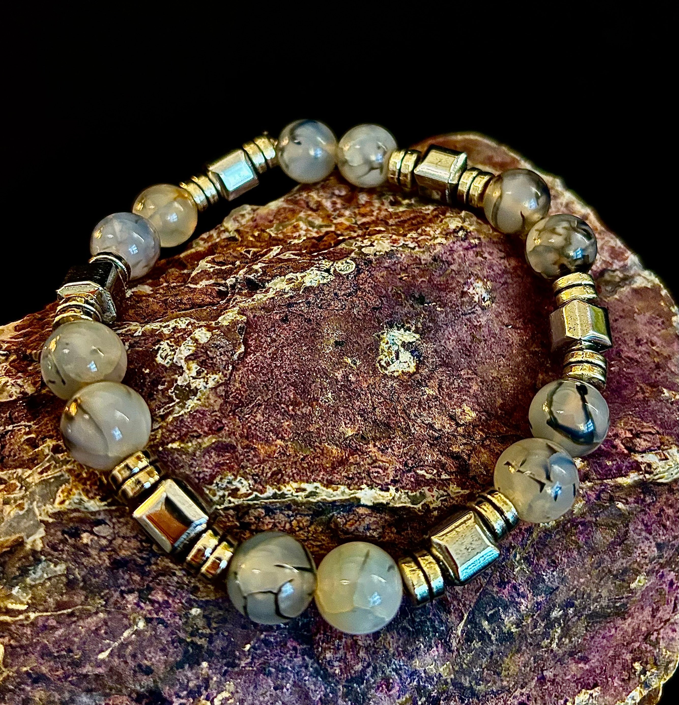 Dragon Vein Agate with Silver Spacers - 8"-8.5" - Large and XL Wrists | | Wiccan Center