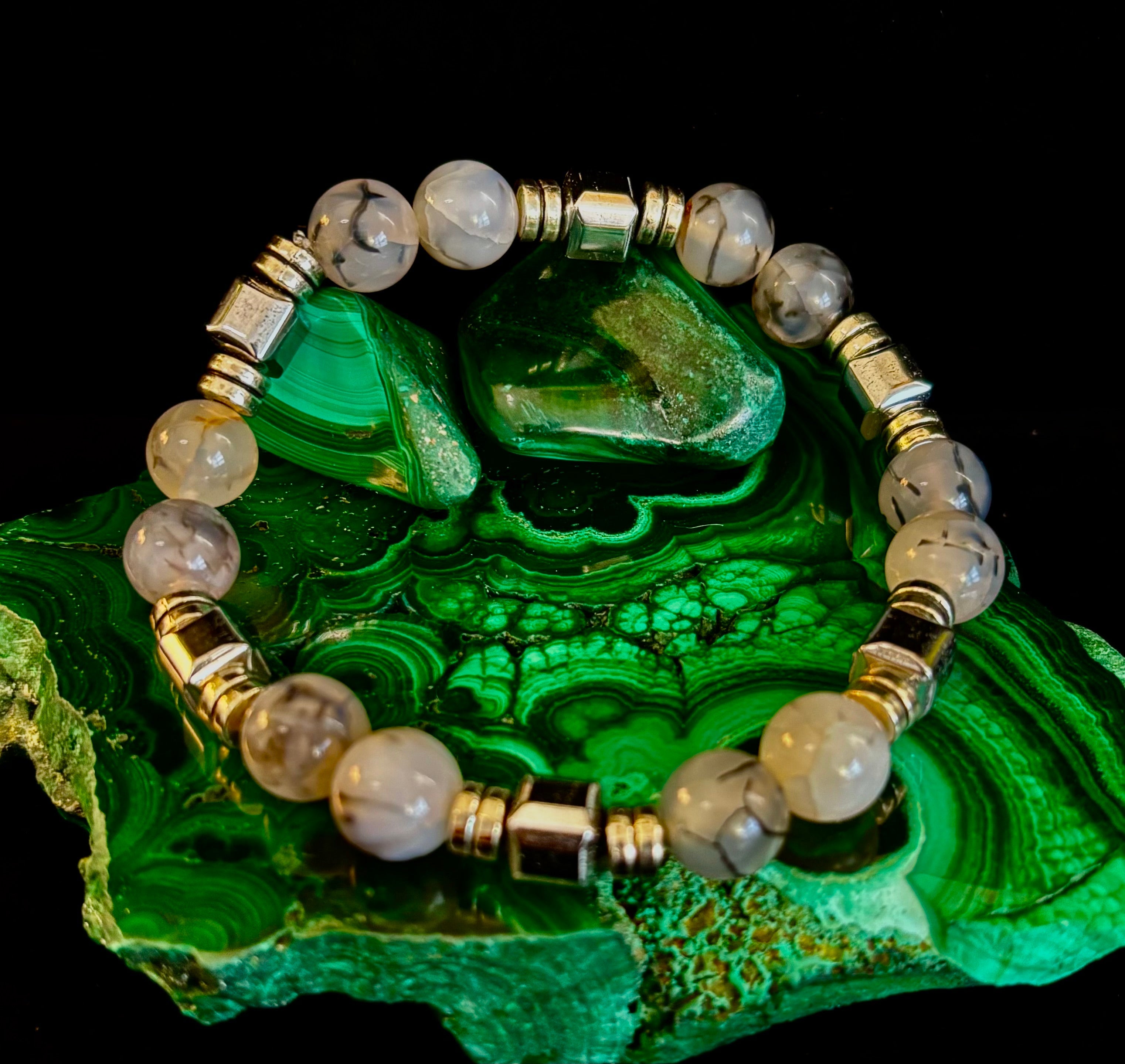 Dragon Vein Agate with Silver Spacers - 8"-8.5" - Large and XL Wrists | | Wiccan Center