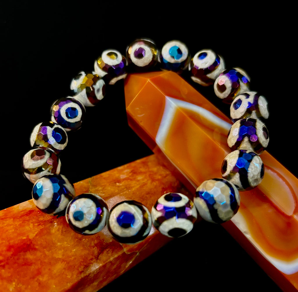 Mexican Agate Evil Eye Bracelet — Natural Earth-Mined Agate Beaded Bracelet Inspired by Puerto Vallarta (12mm, Medium–Large Wrists) | | Wiccan Center