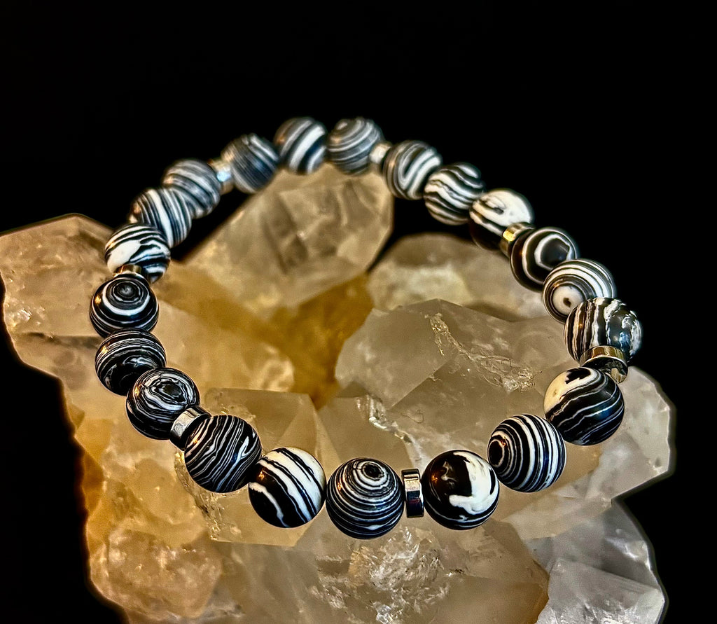 Black & White Striped Agate Stretch Bracelet — Natural Banded Agate Bracelet for Large to XL Wrists | | Wiccan Center
