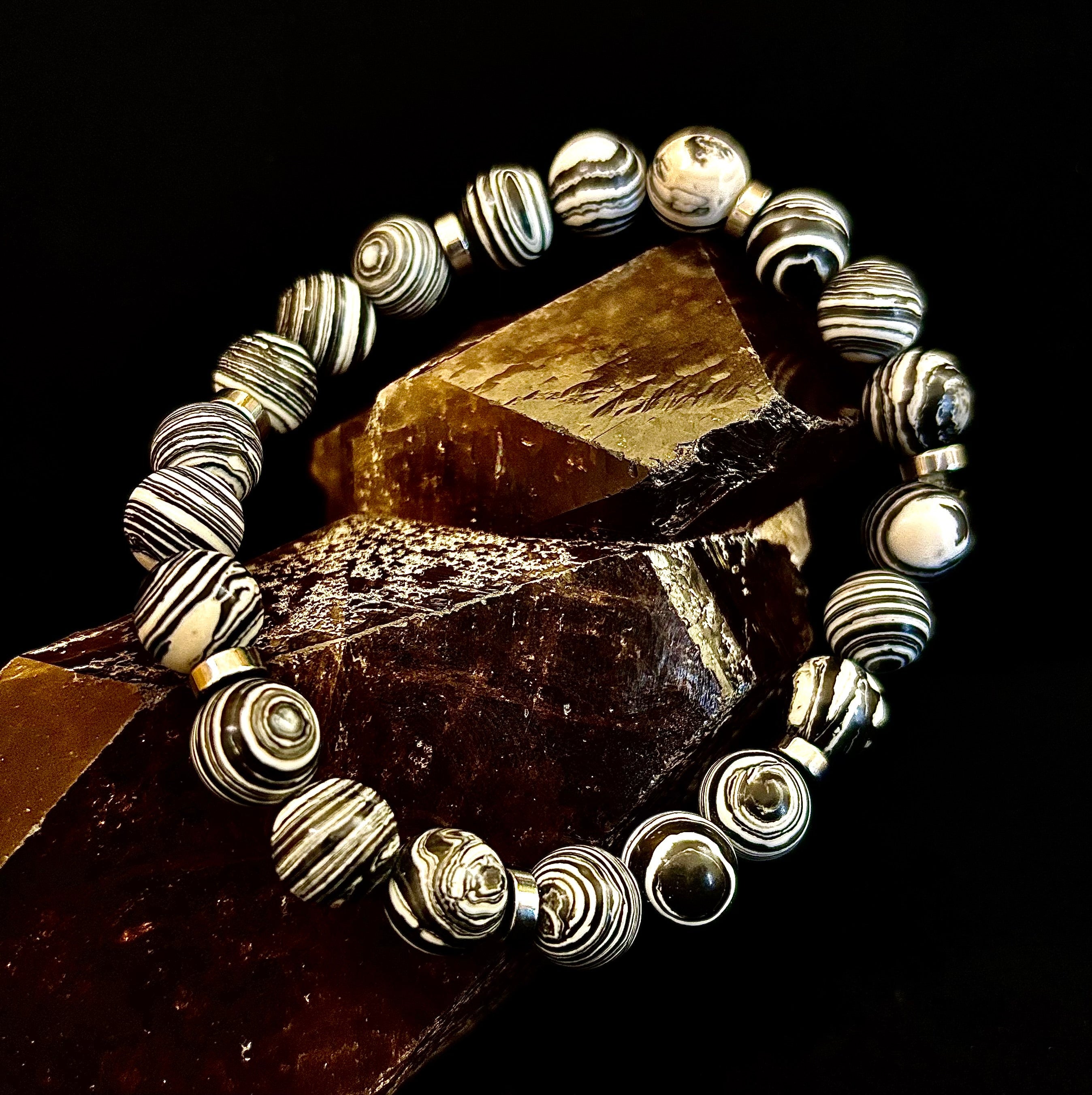 Black & White Striped Agate Stretch Bracelet — Natural Banded Agate Bracelet for Large to XL Wrists | | Wiccan Center