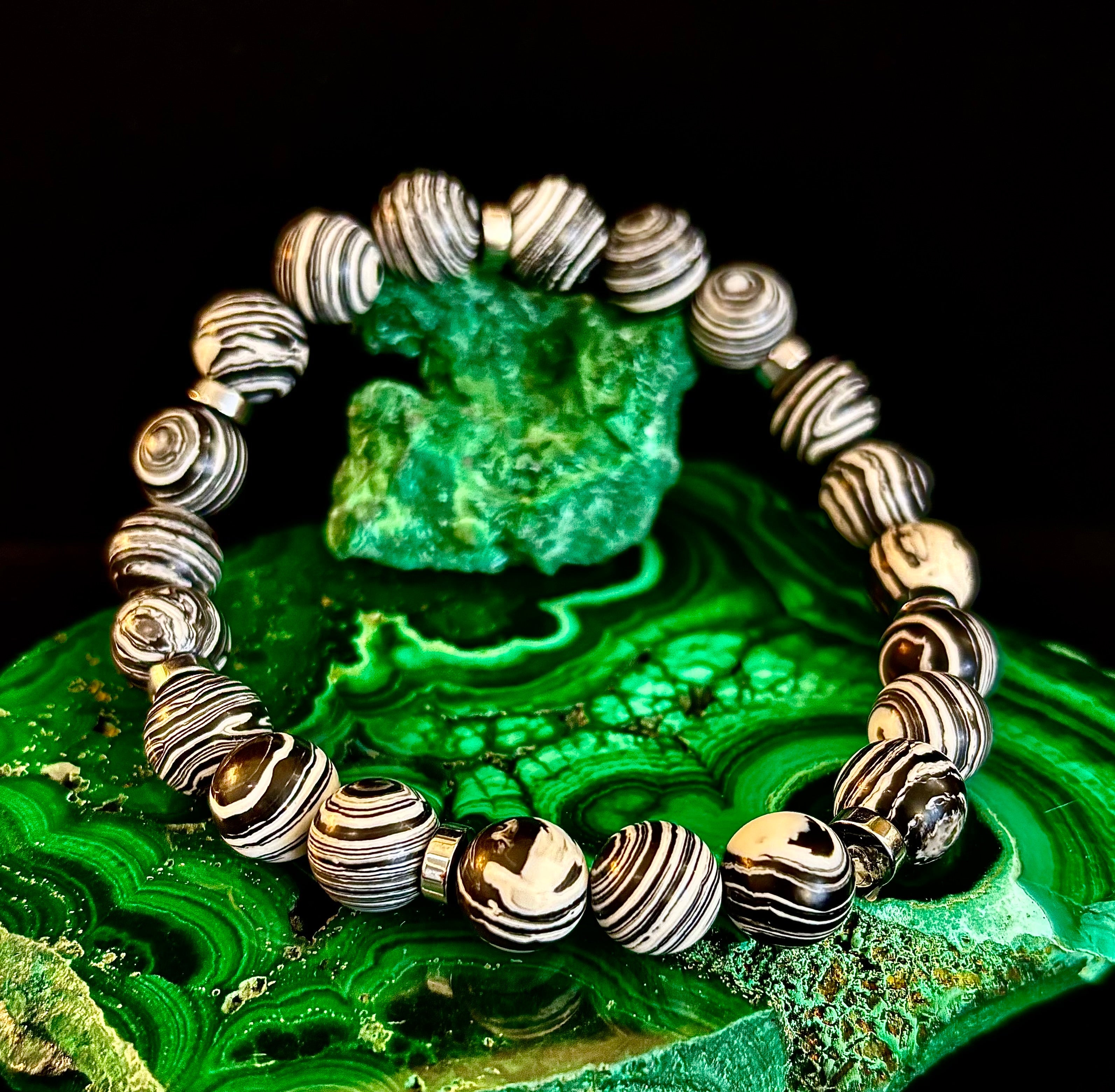 Black & White Striped Agate Stretch Bracelet — Natural Banded Agate Bracelet for Large to XL Wrists | | Wiccan Center