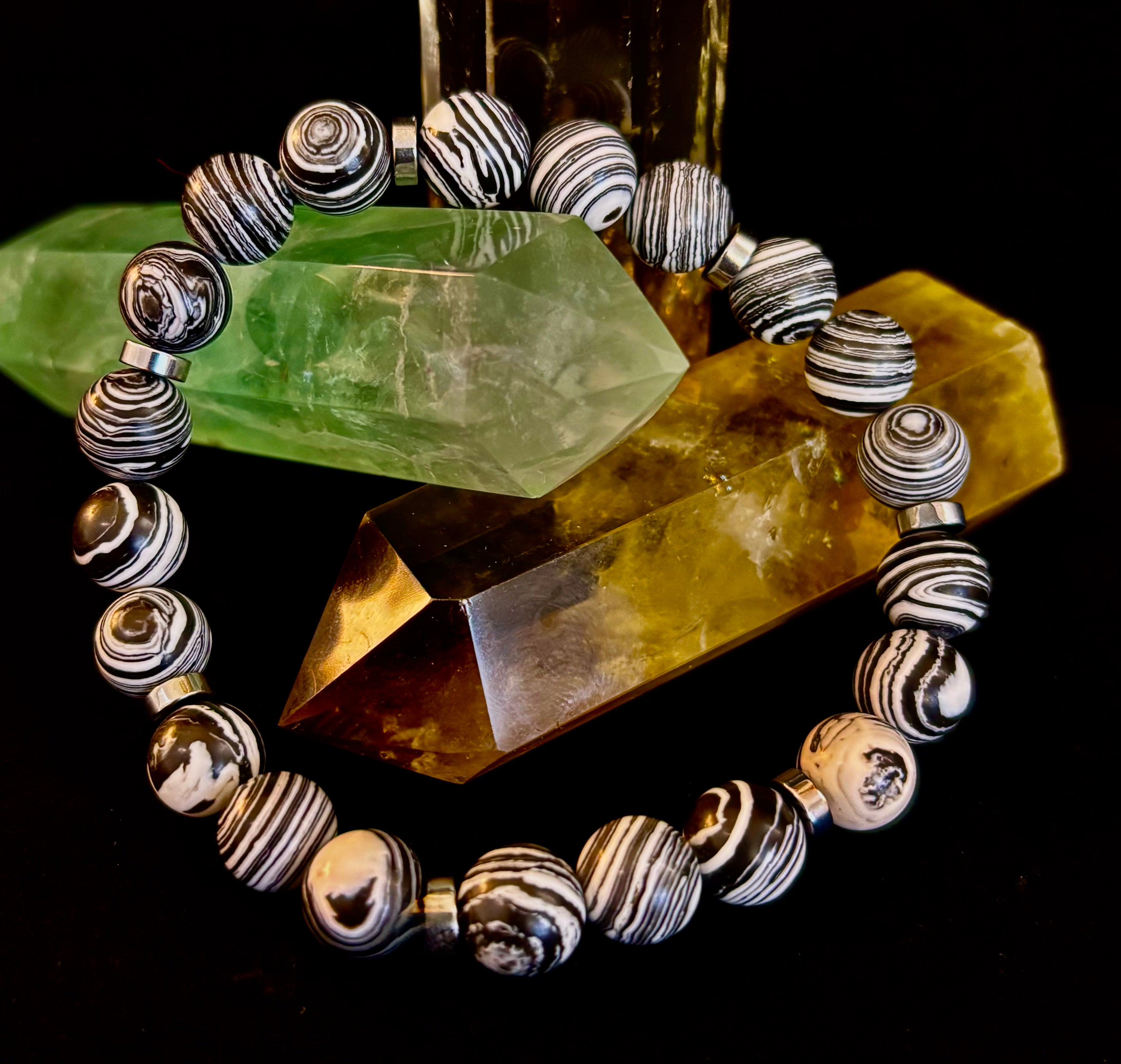 Black & White Striped Agate Stretch Bracelet — Natural Banded Agate Bracelet for Large to XL Wrists | | Wiccan Center