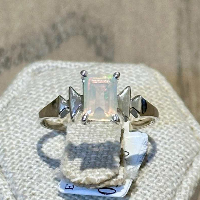 Ethiopian Opal Emerald-Cut Geometric Ring – Sterling Silver – Size 8 | Rings | Wiccan Center