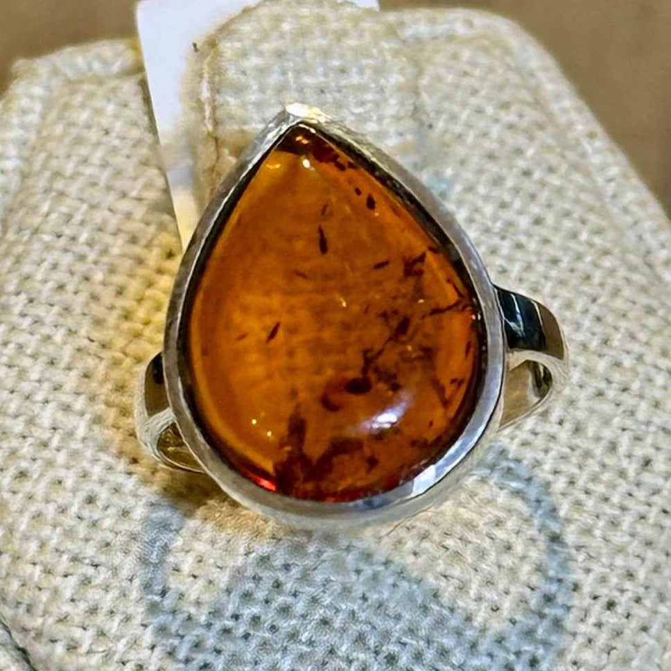 Natural Amber Teardrop Ring – Sterling Silver – Sizes 6, 7, 8, 9 | Rings | Wiccan Center