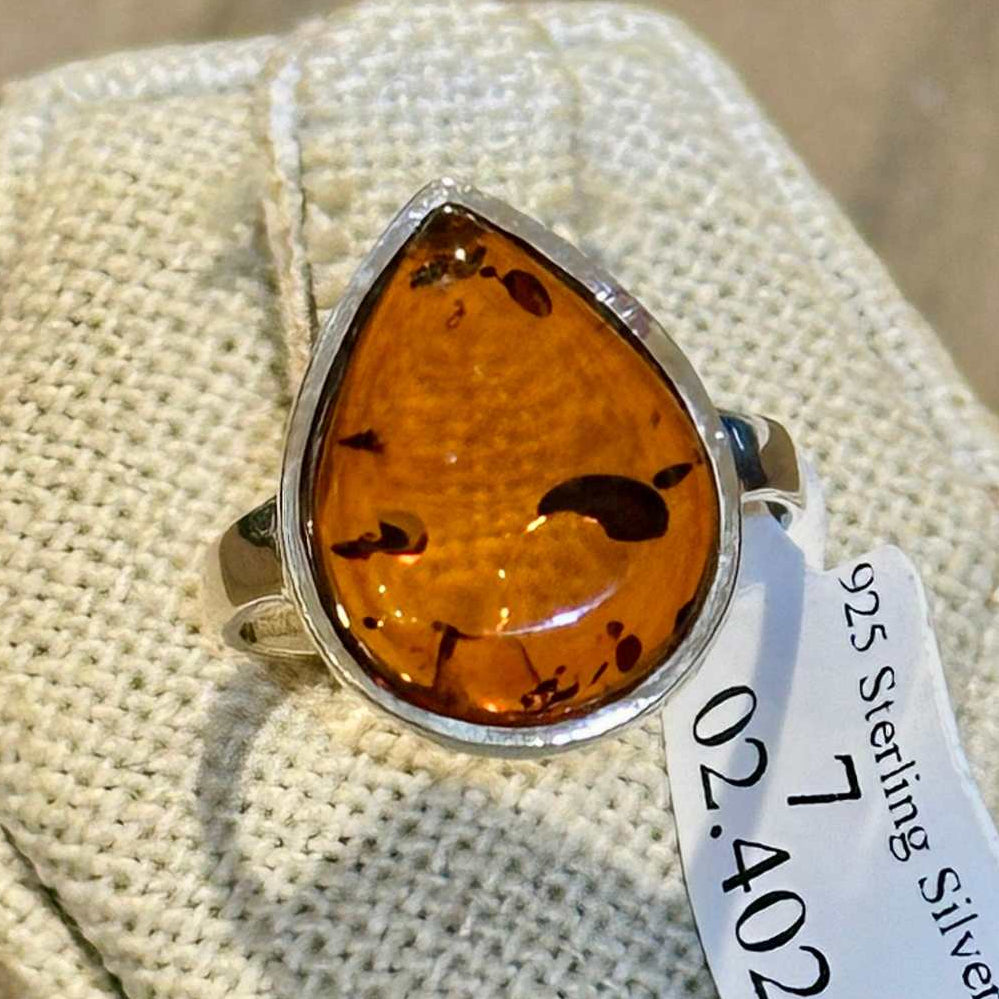 Natural Amber Teardrop Ring – Sterling Silver – Sizes 6, 7, 8, 9 | Rings | Wiccan Center