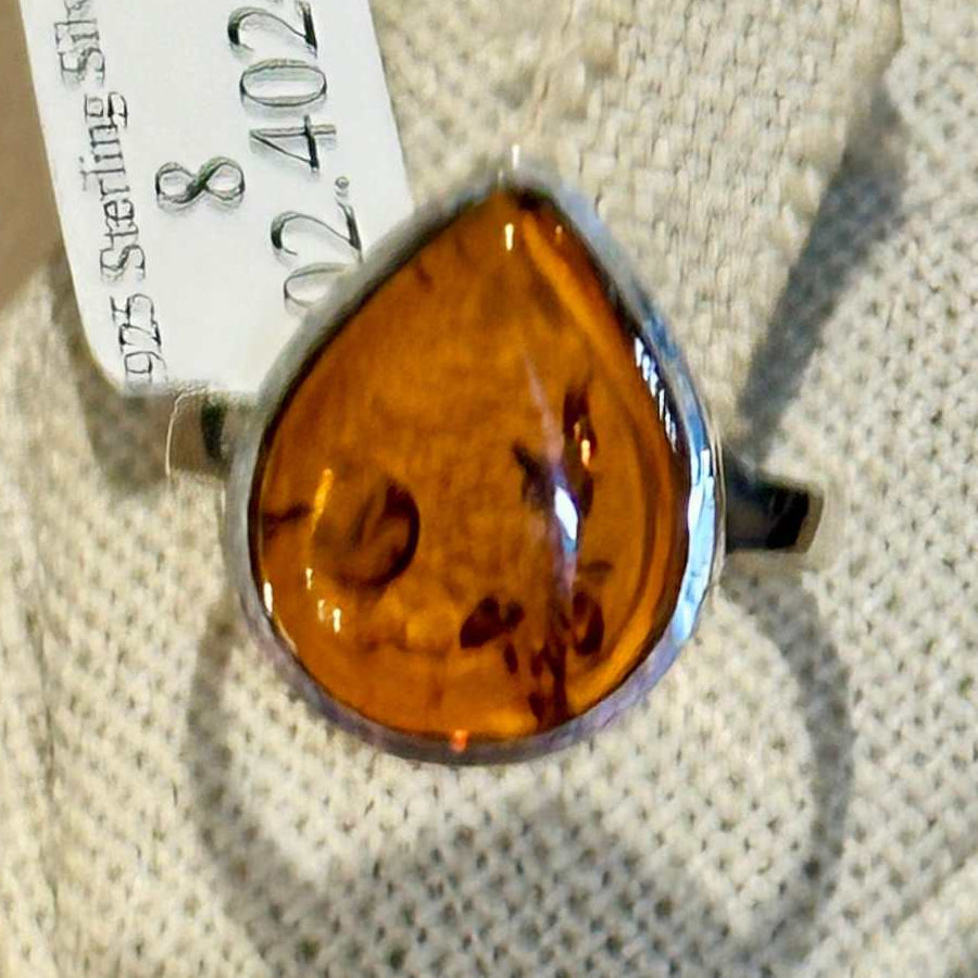 Natural Amber Teardrop Ring – Sterling Silver – Sizes 6, 7, 8, 9 | Rings | Wiccan Center