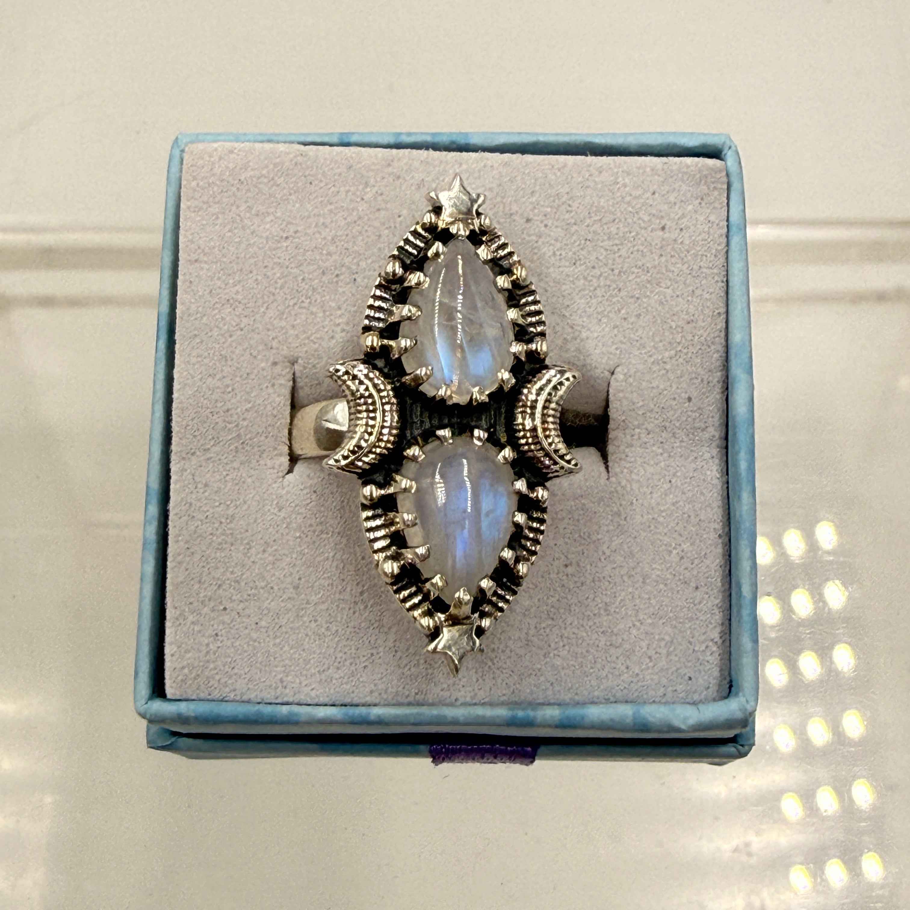 Sterling Silver Double Teardrop Celestial Moonstone Ring - Size 5- Mystical, Protective & Awakening | Rings | Wiccan Center