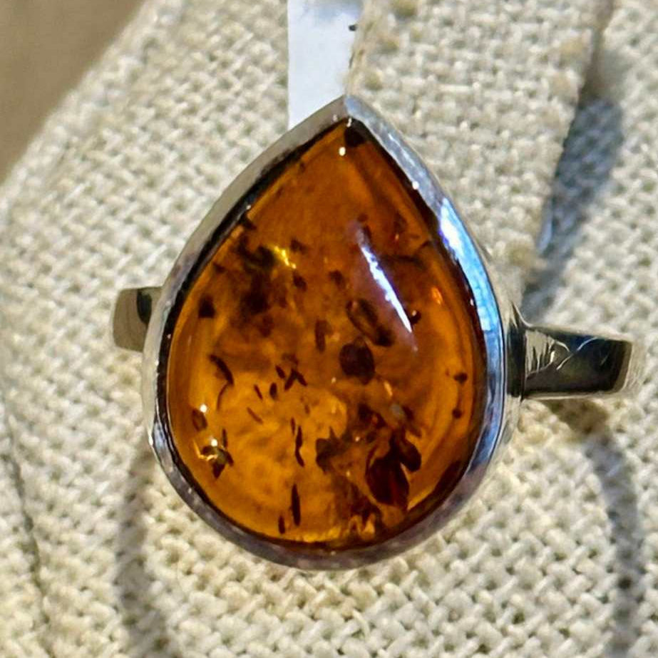 Natural Amber Teardrop Ring – Sterling Silver – Sizes 6, 7, 8, 9 | Rings | Wiccan Center